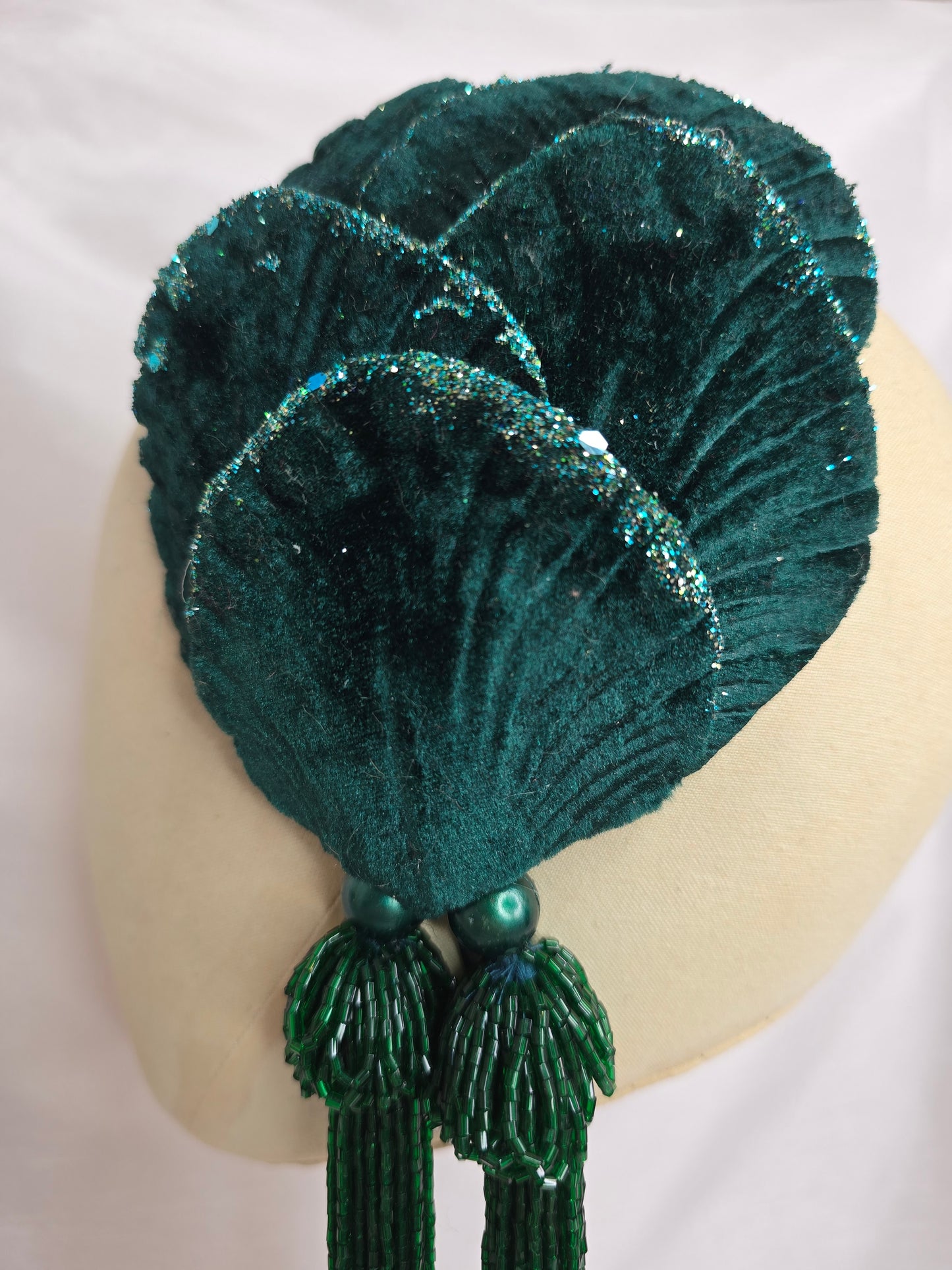 Bottle green velvet glittered half hat/fascinator with green beaded tassels (made to order)