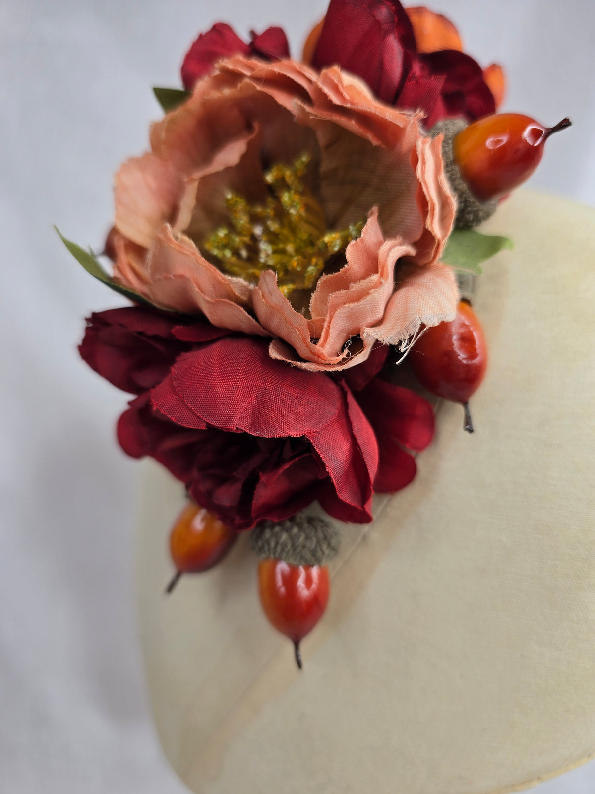 Peach, orange, red and acorn hair flower and corsage set