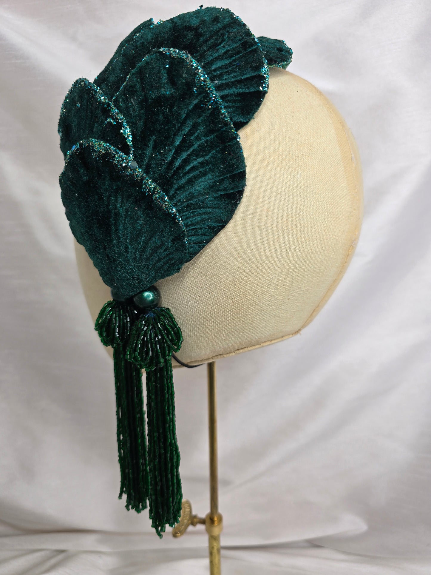 Bottle green velvet glittered half hat/fascinator with green beaded tassels (made to order)