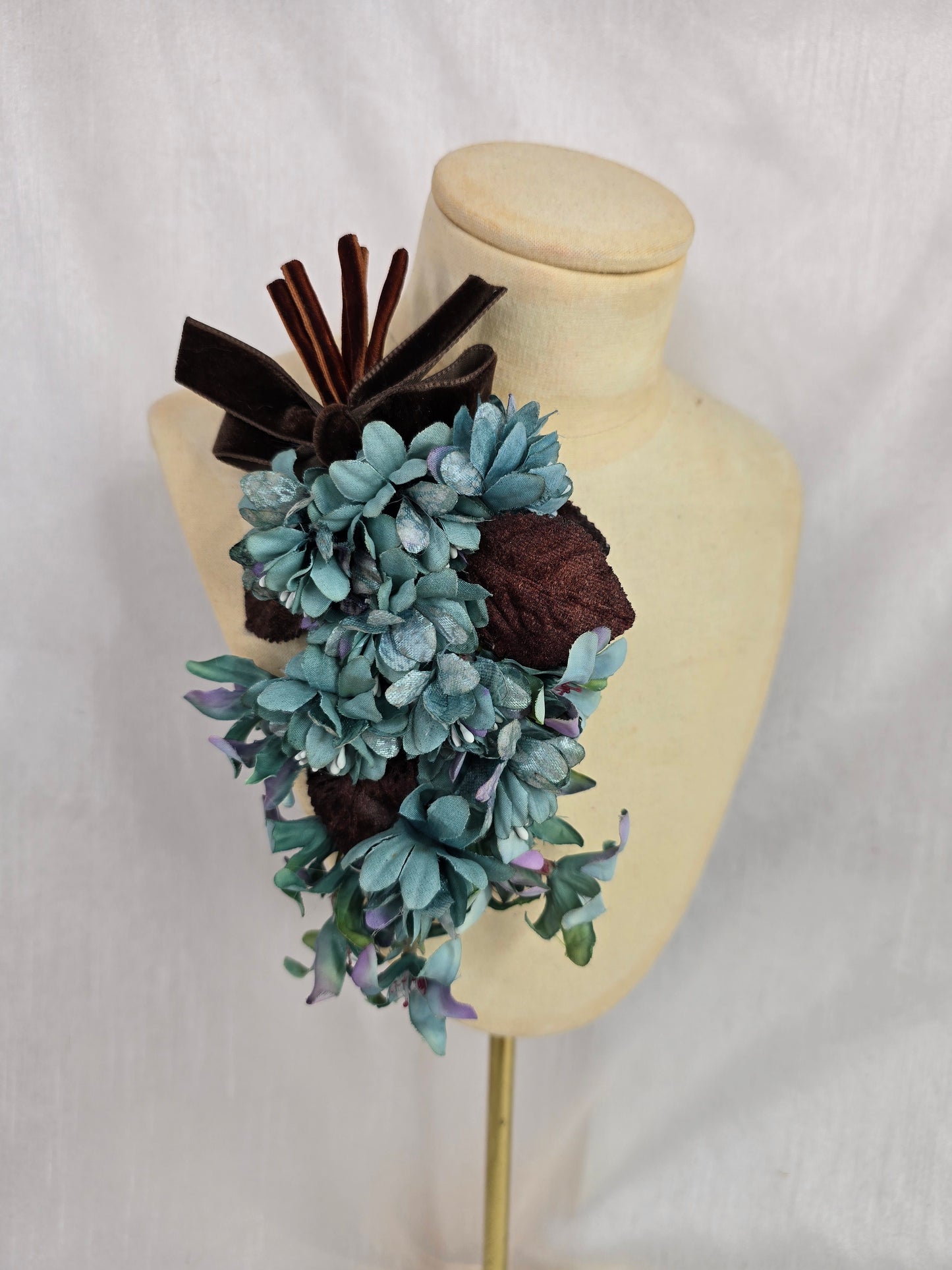 Brown check and blue stretch velvet turban with blue flowers