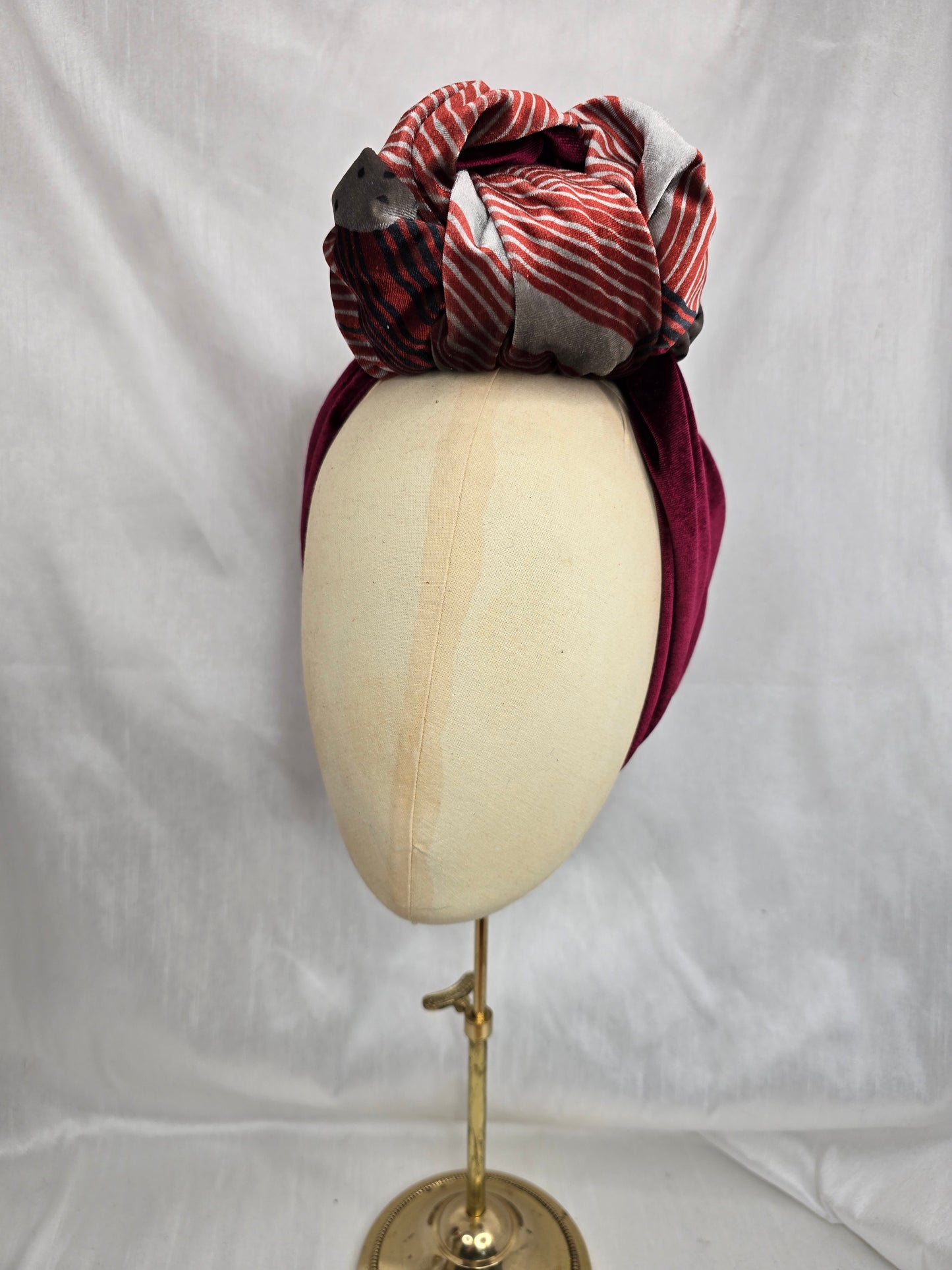 Deco print and maroon stretch velvet turban with flowers