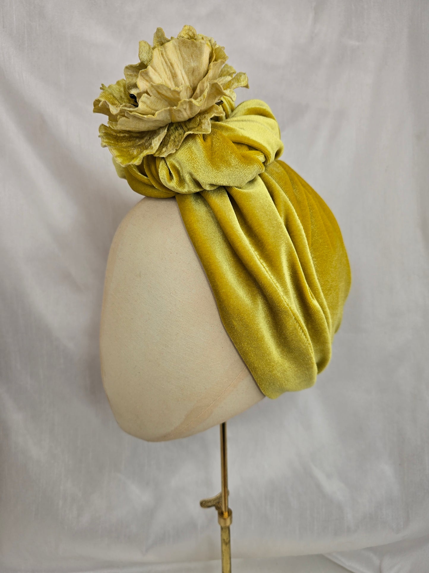 Chartreuse stretch velvet turban with flowers