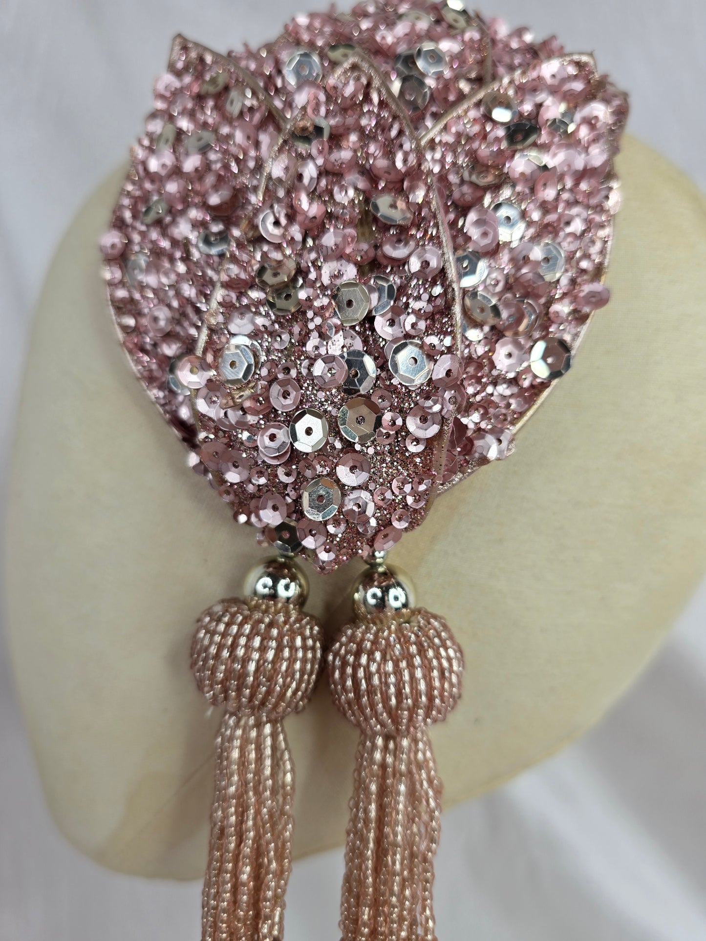 Pale pink sequin half hat/fascinator with beaded tassels (made to order)