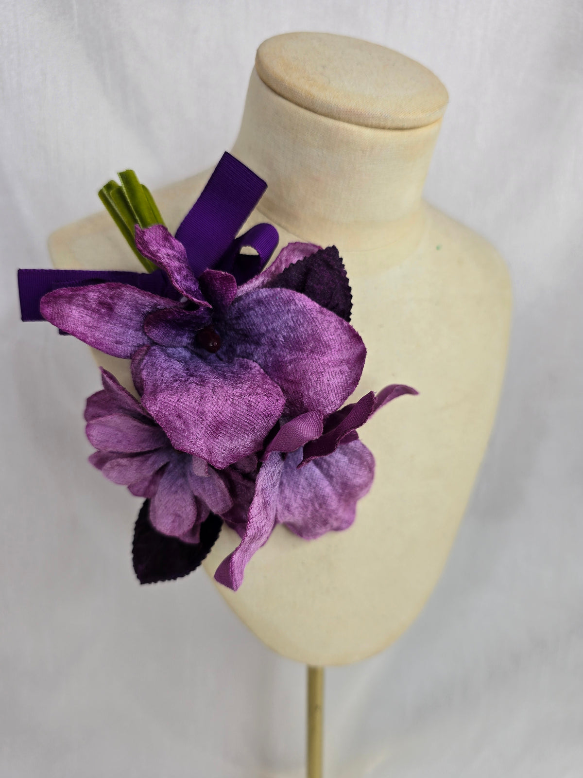 Purple velvet orchid hair flower and corsage set