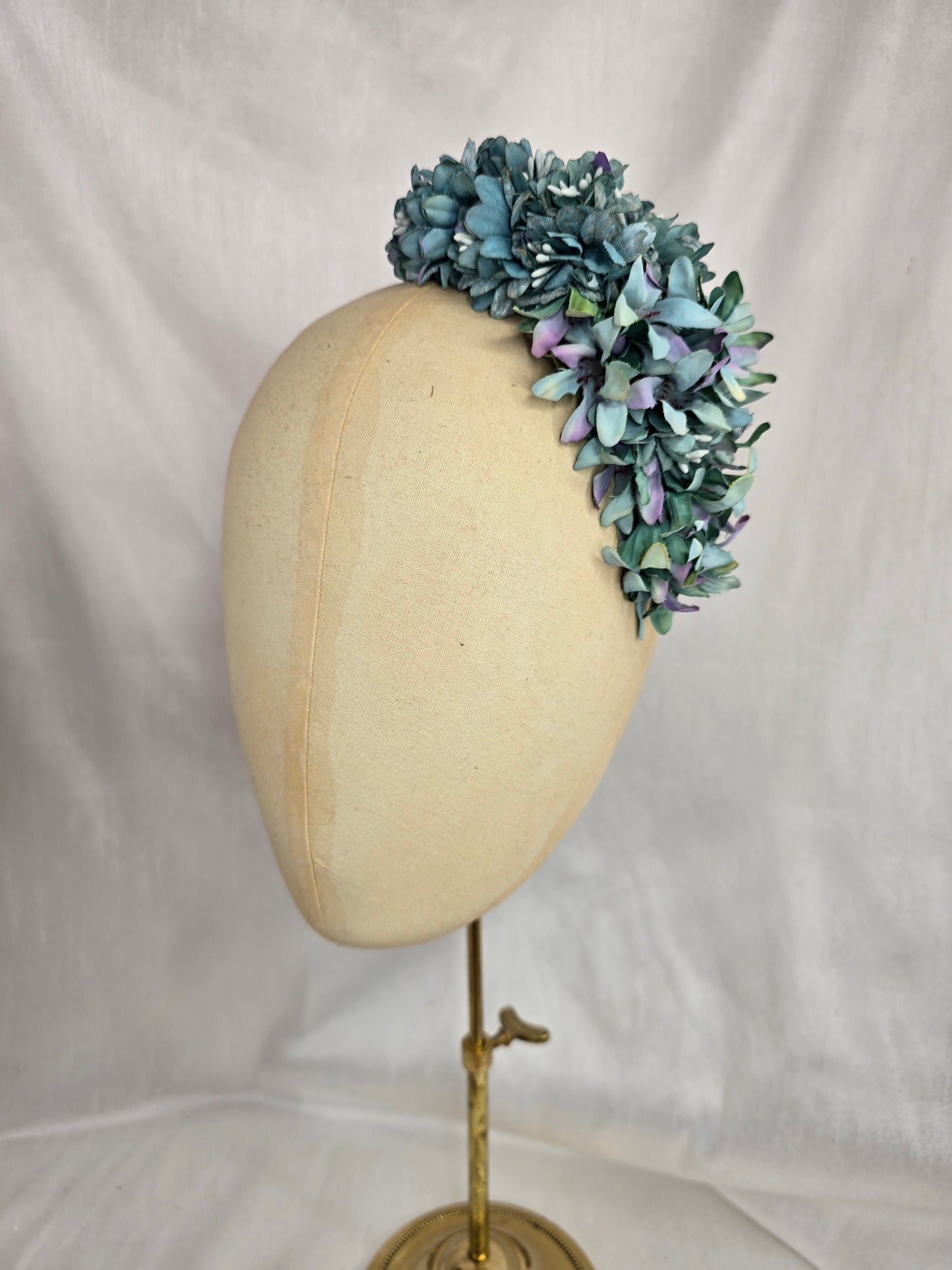 Brown check and blue stretch velvet turban with blue flowers