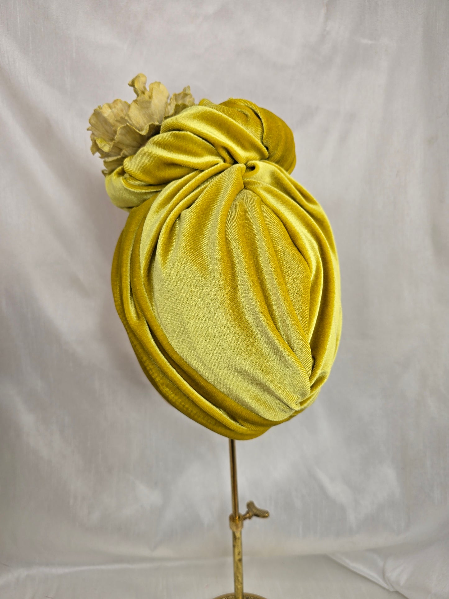 Chartreuse stretch velvet turban with flowers