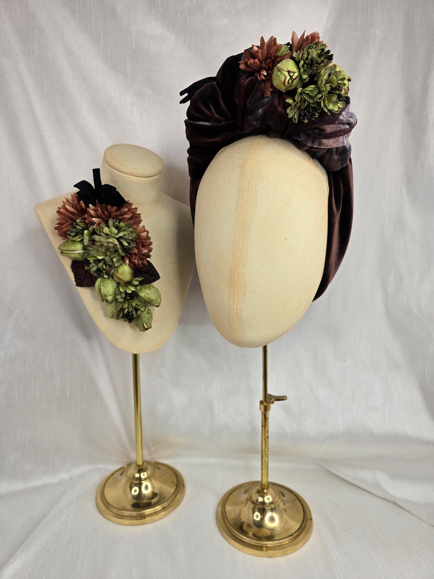 Brown check and brown stretch velvet turban with brown flowers