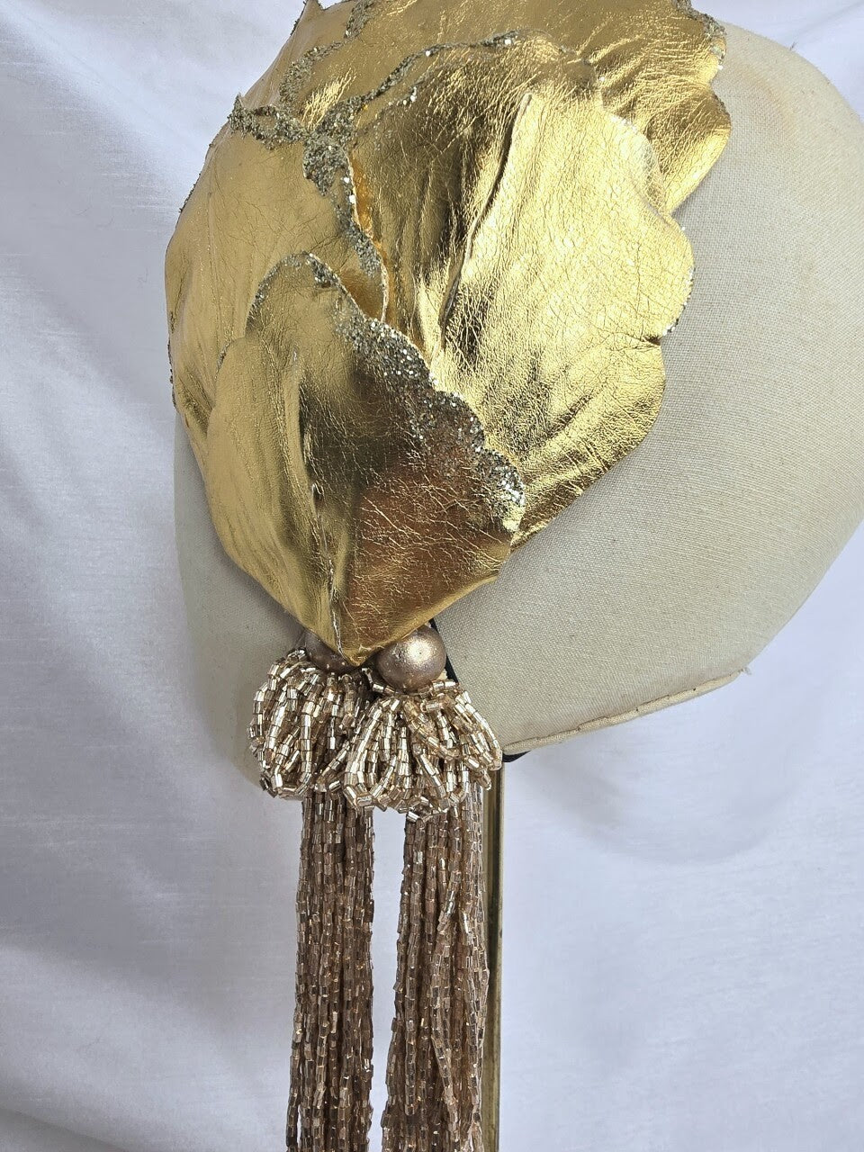 Gold glittered half hat/fascinator with gold beaded tassels (made to order)