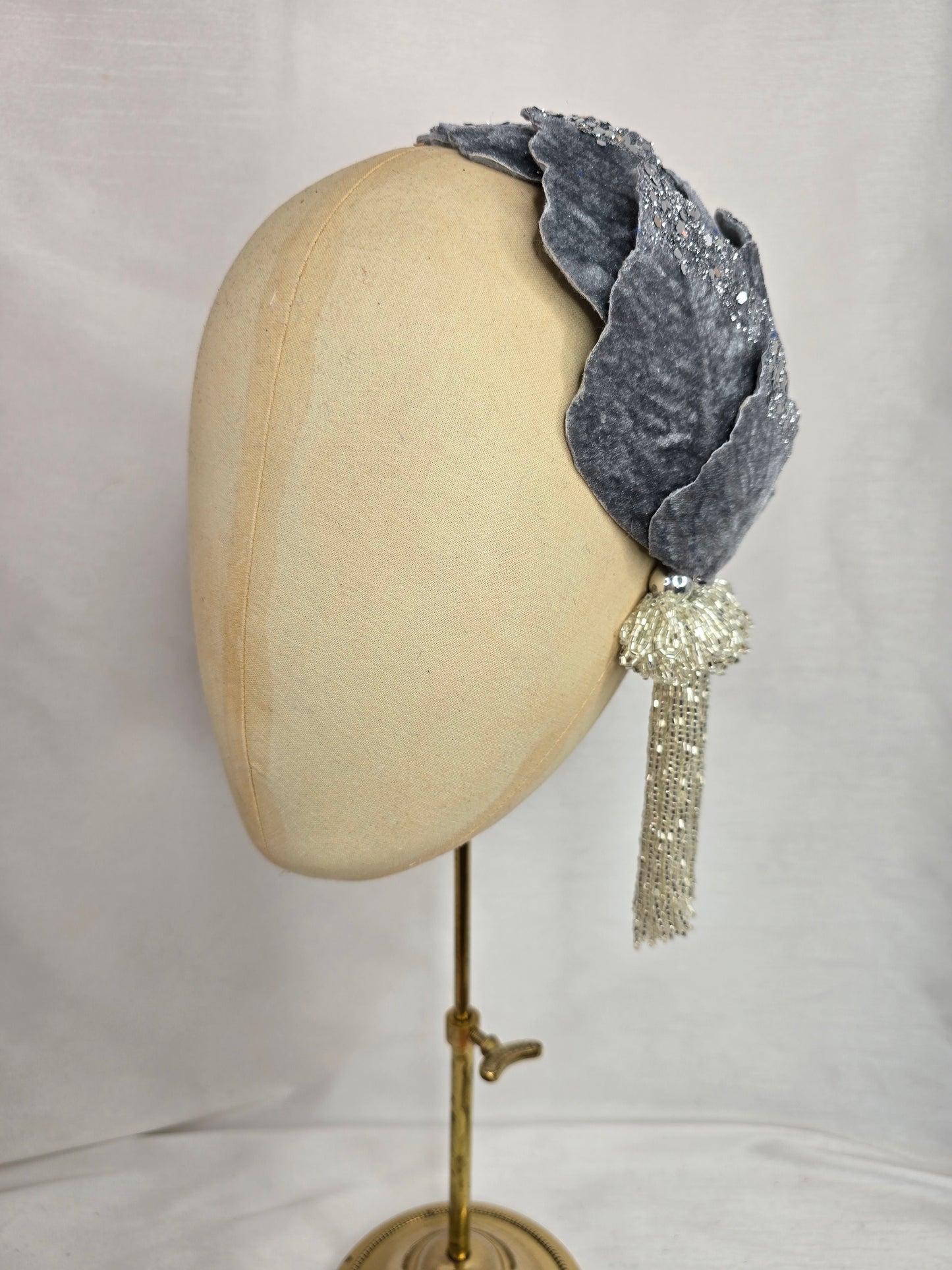 Silver velvet glittered half hat/fascinator with silver beaded tassels