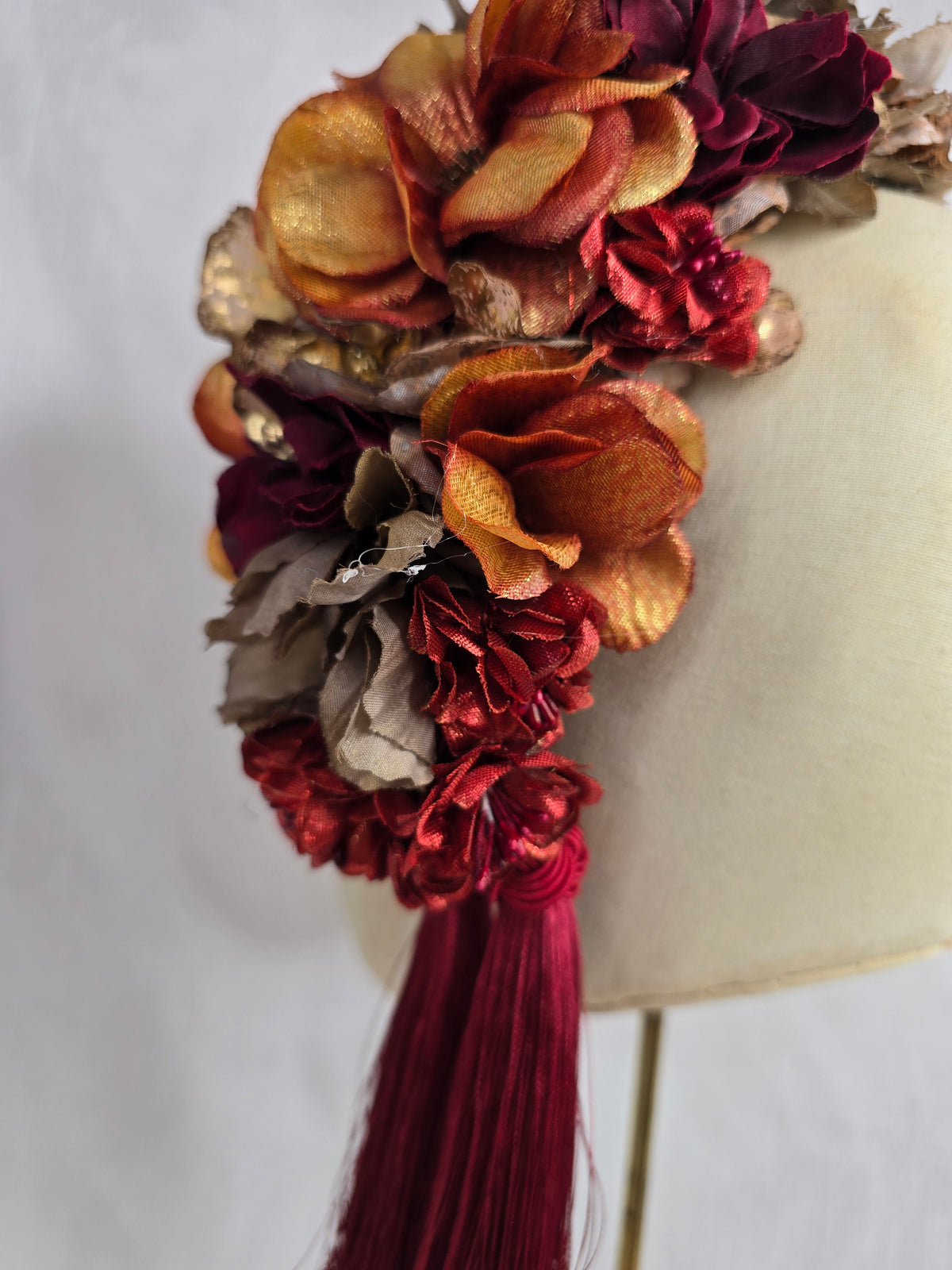 XL mocha, orange and red autumn flower headpiece with red silky tassels