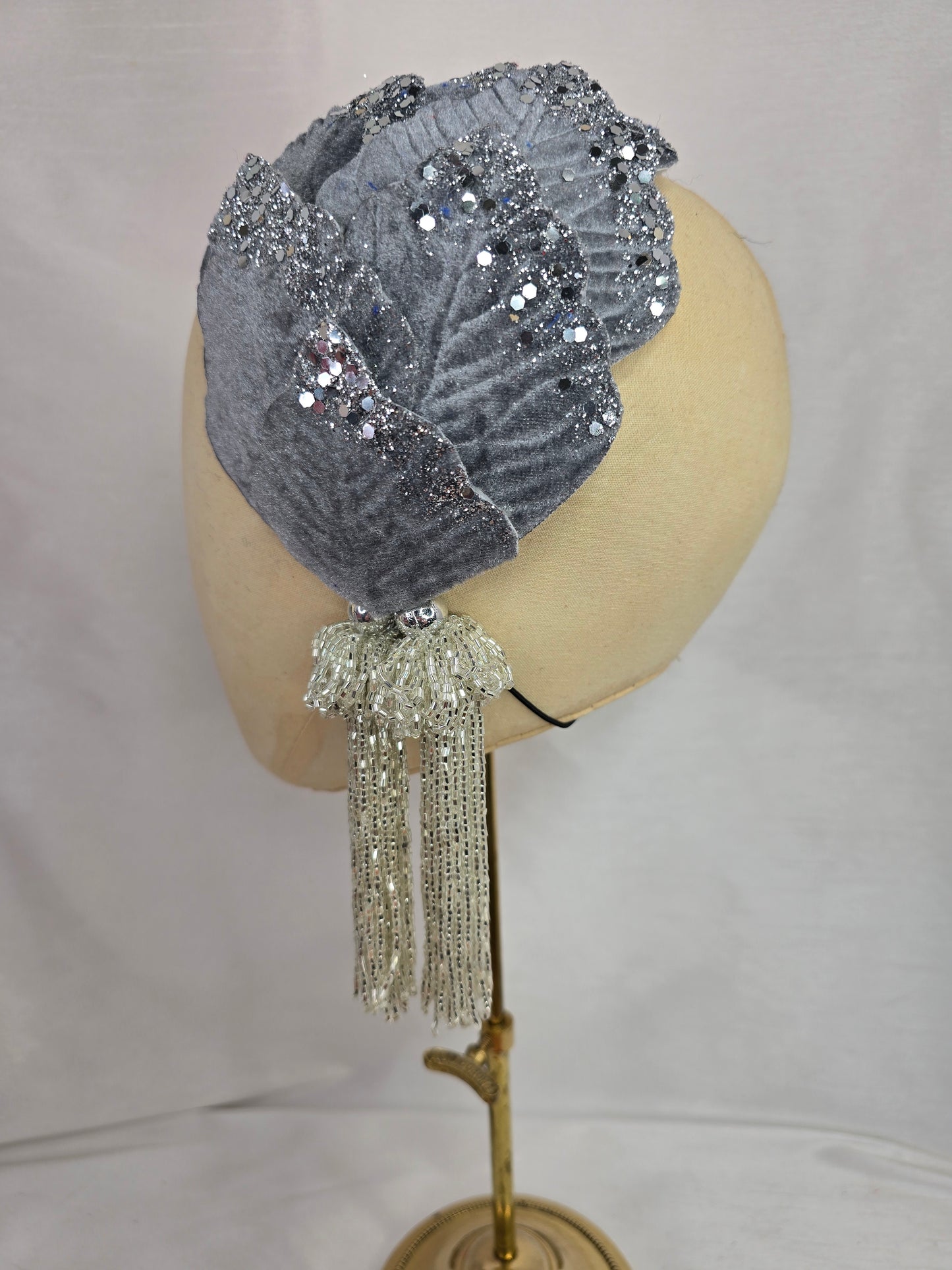 Silver velvet glittered half hat/fascinator with silver beaded tassels