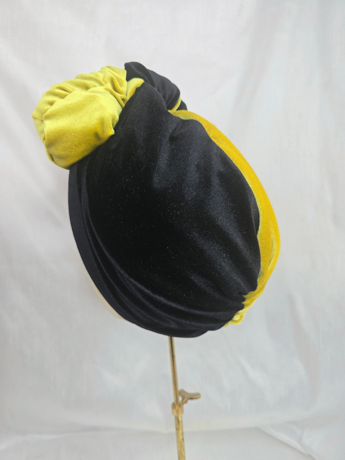 Black and chartreuse stretch velvet turban with flowers