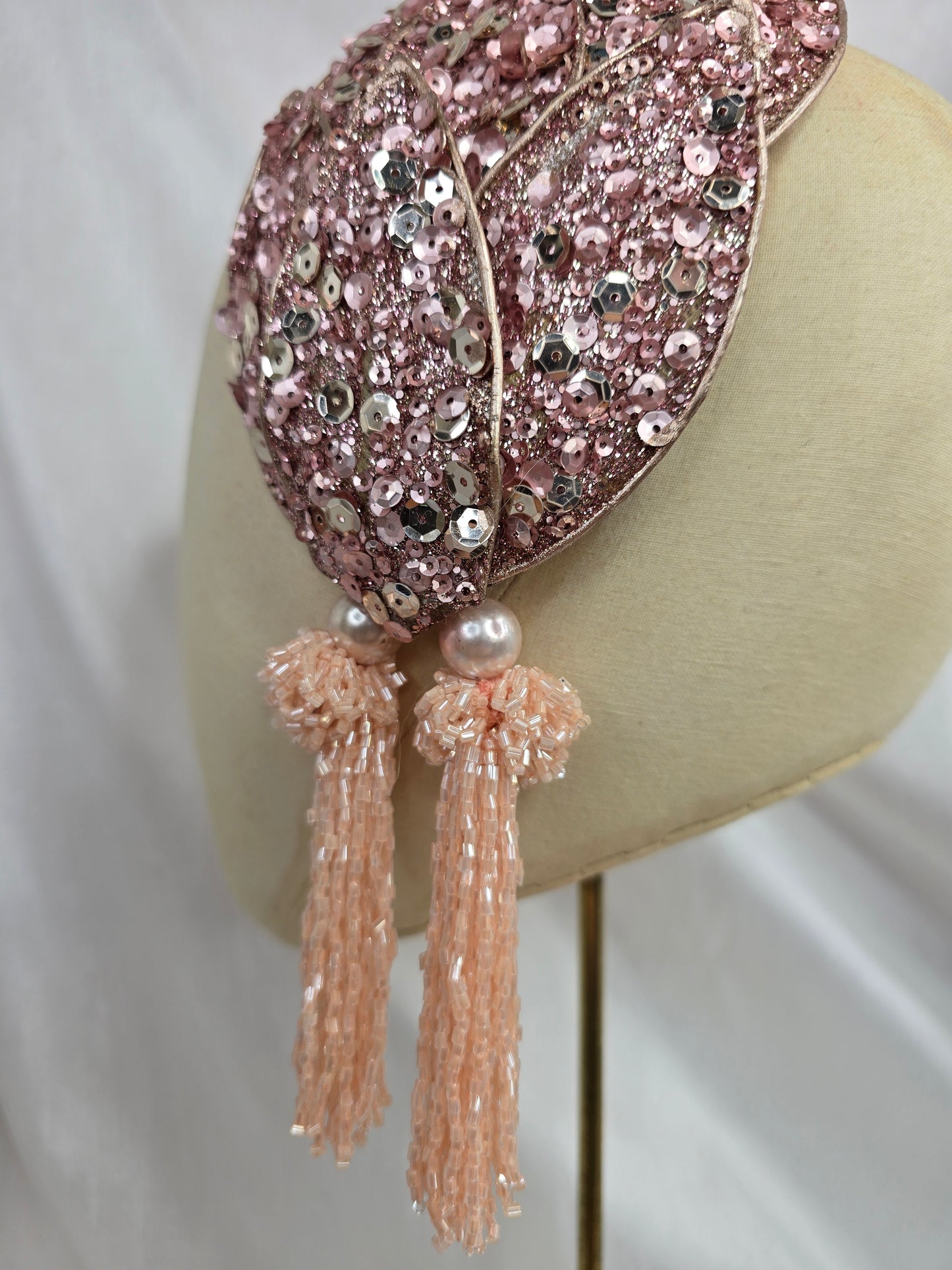 Pale pink sequin half hat/fascinator with beaded tassels (made to order)