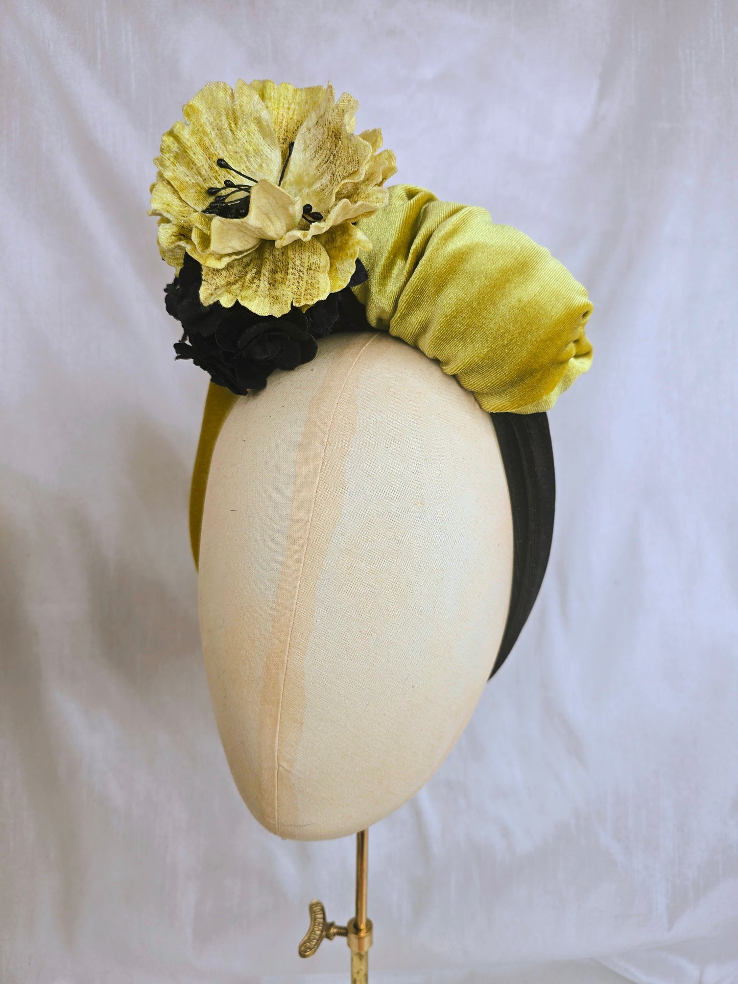 Black and chartreuse stretch velvet turban with flowers