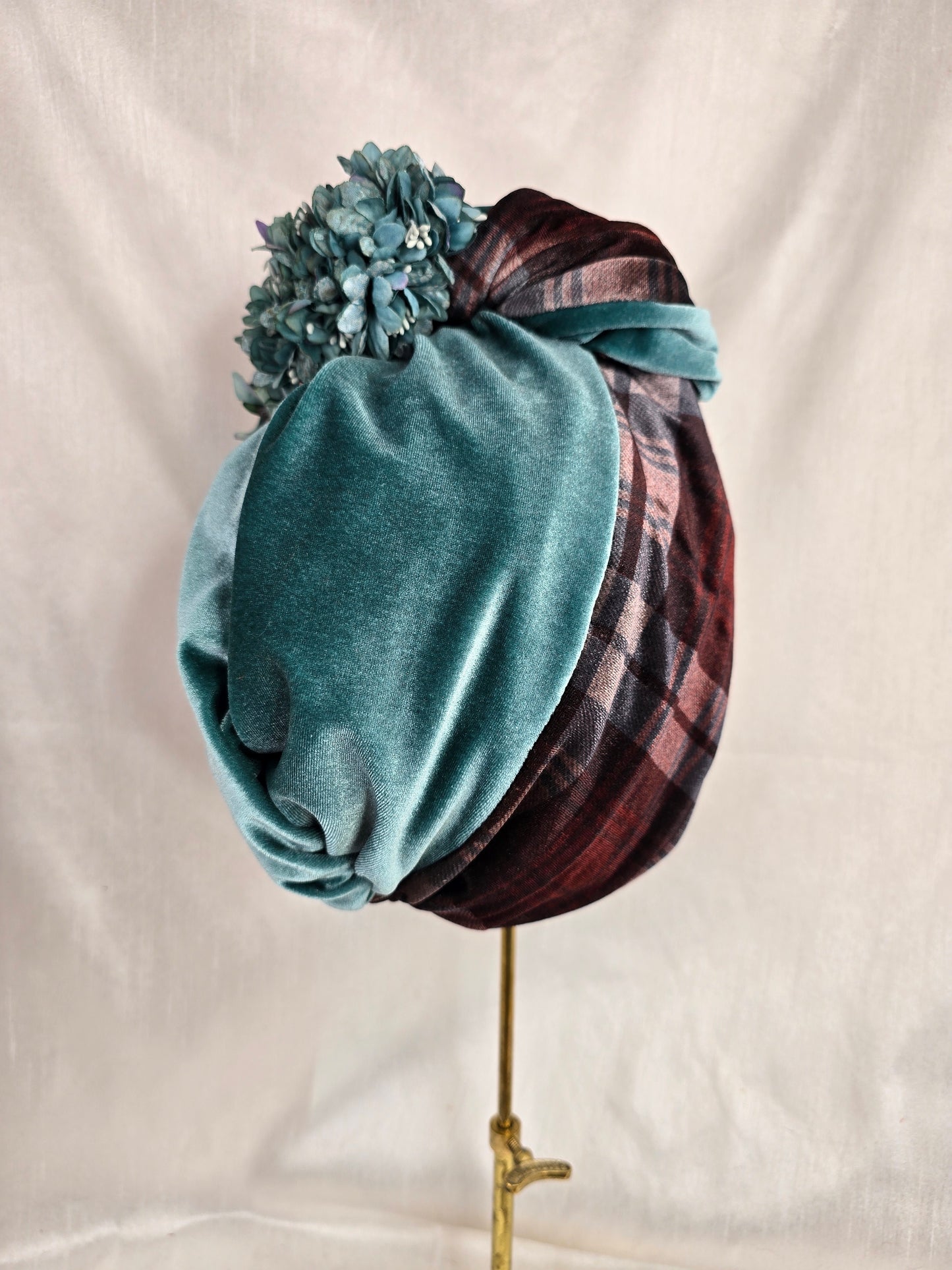 Brown check and blue stretch velvet turban with blue flowers