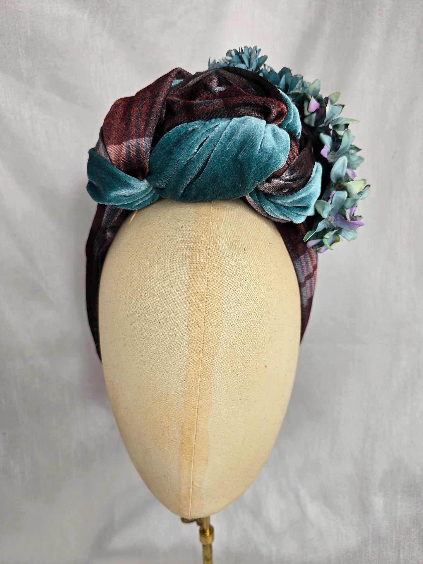 Brown check and blue stretch velvet turban with blue flowers