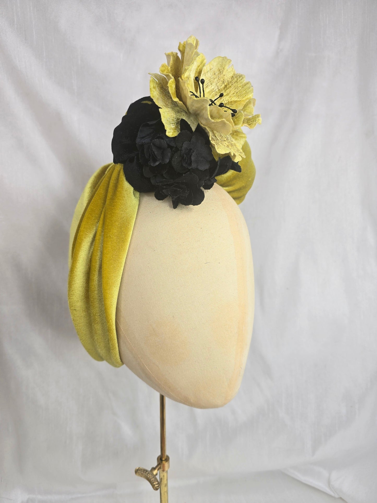 Black and chartreuse stretch velvet turban with flowers