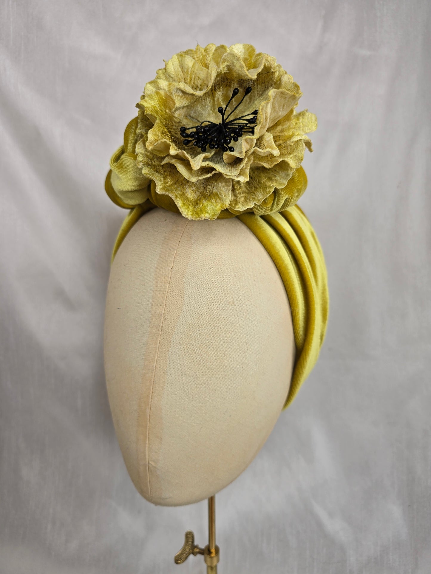 Chartreuse stretch velvet turban with flowers