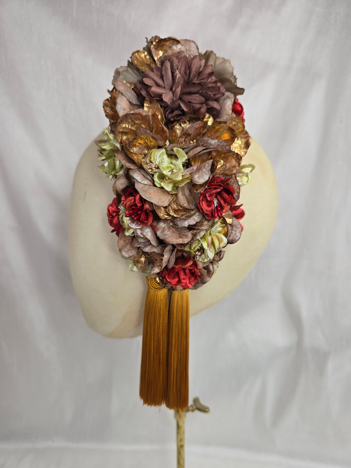 XL mocha, chartruese, and red autumn flower headpiece with mustard silky tassel