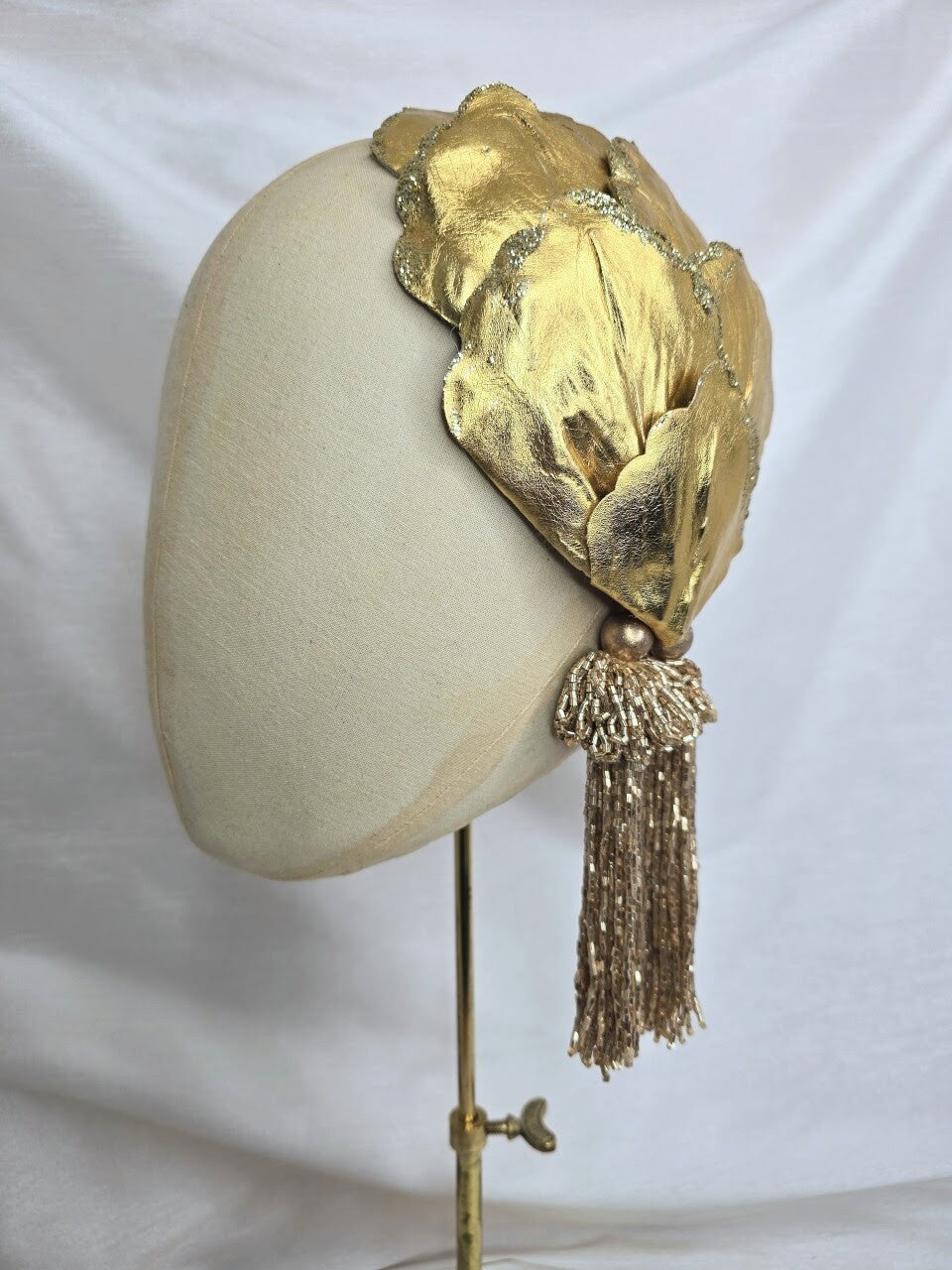Gold glittered half hat/fascinator with gold beaded tassels (made to order)