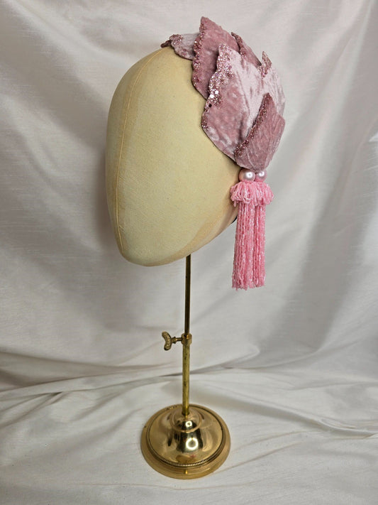 Pale pink velvet petal half hat fascinator with beaded tassels