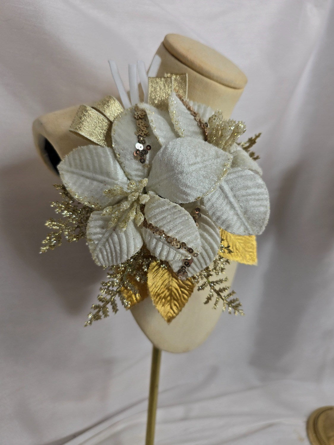 Christmas ivory and gold velvet poinsettia corsage