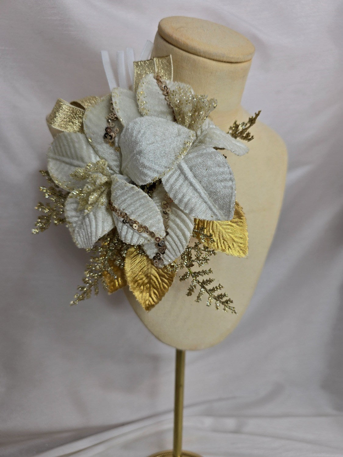 Christmas ivory and gold velvet poinsettia corsage