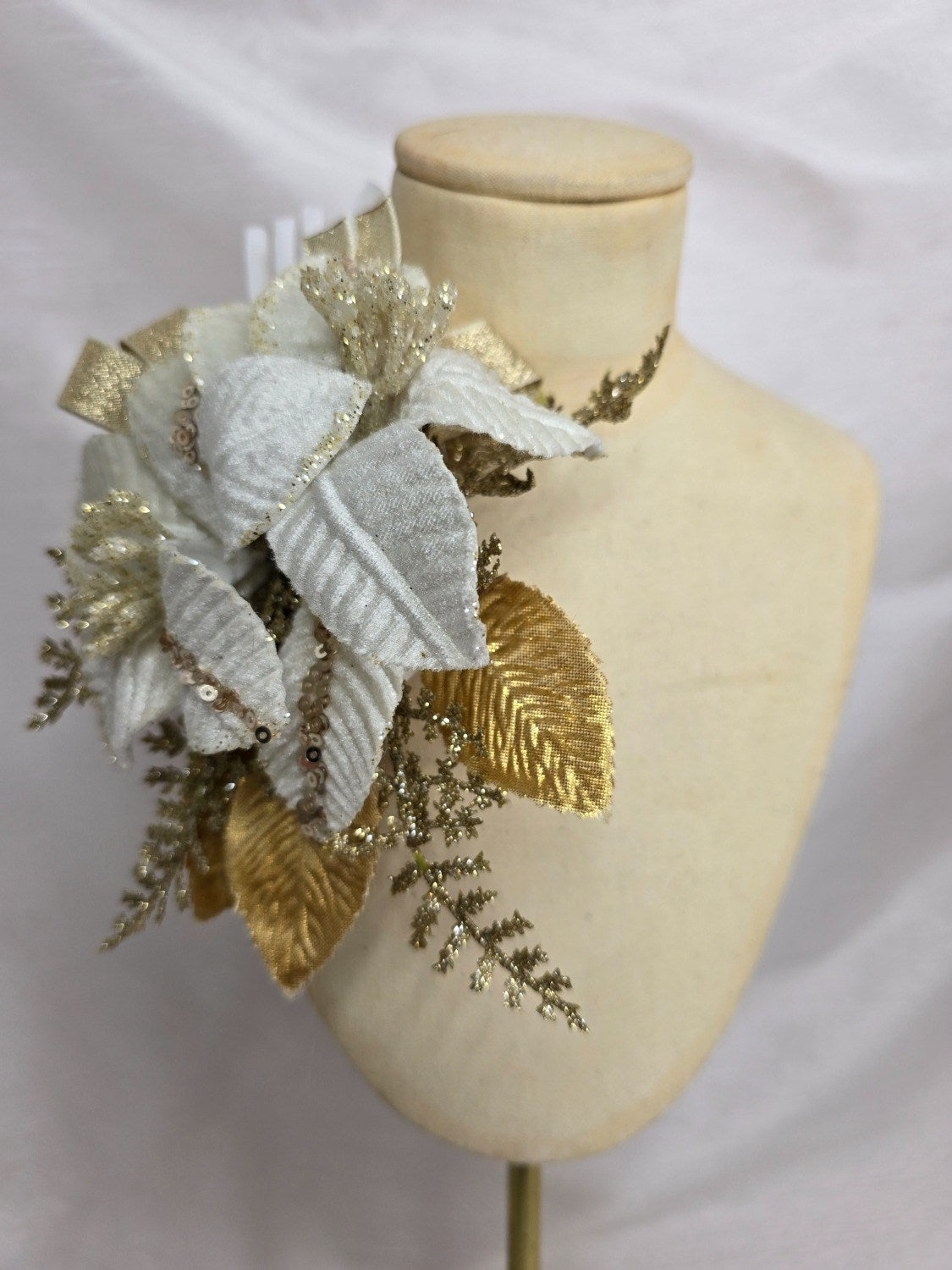 Christmas ivory and gold velvet poinsettia corsage