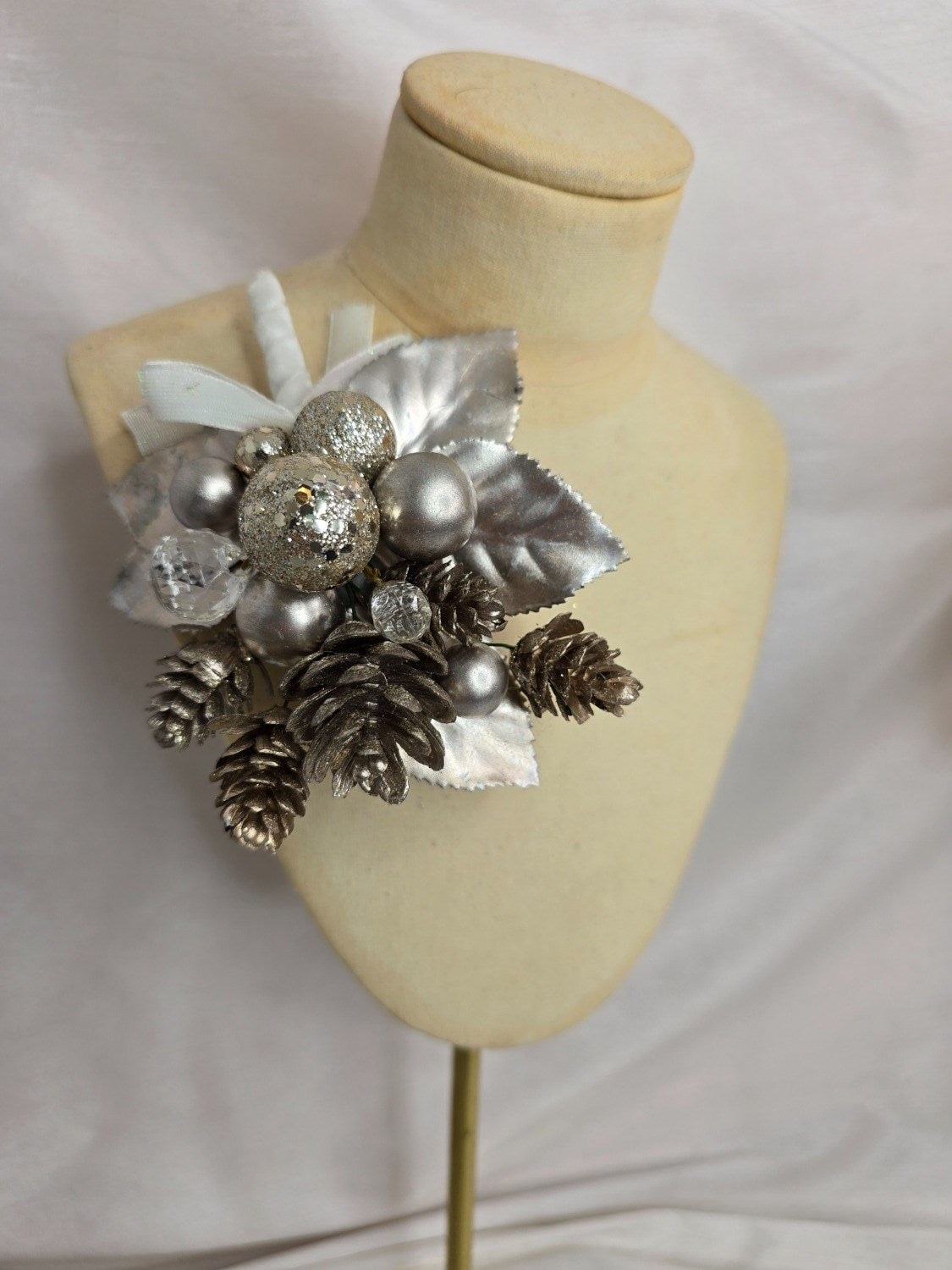 Silver and white leaf and berry Christmas corsage