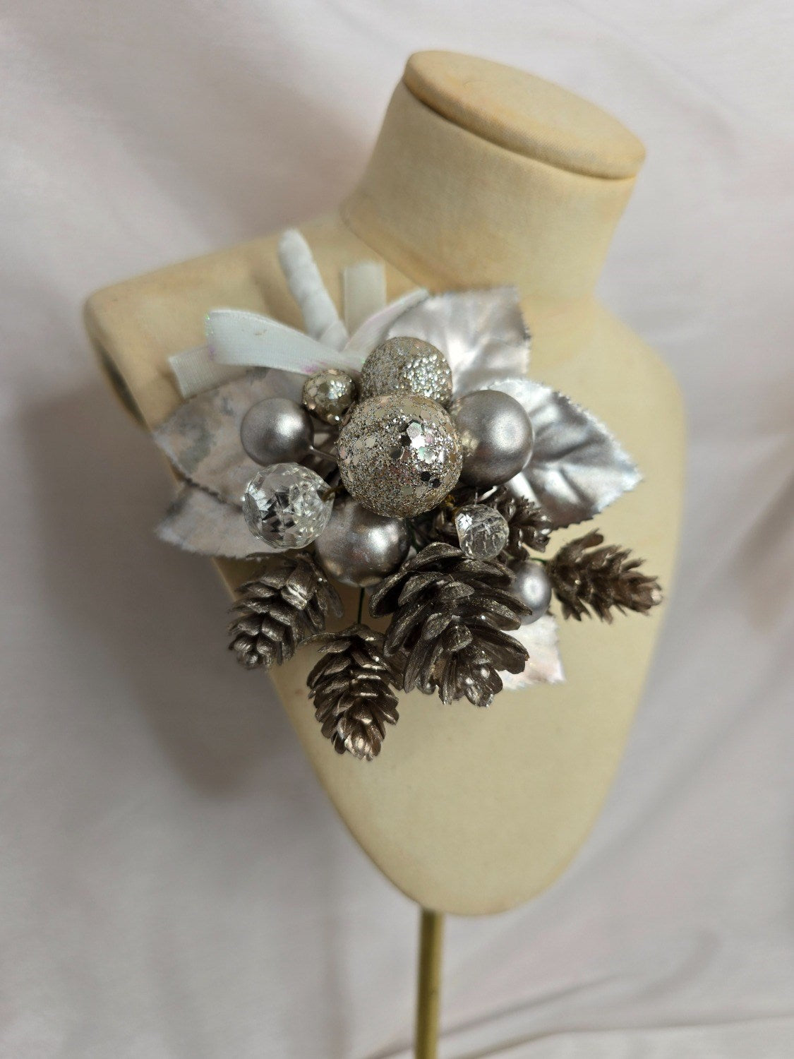 Silver and white leaf and berry Christmas corsage