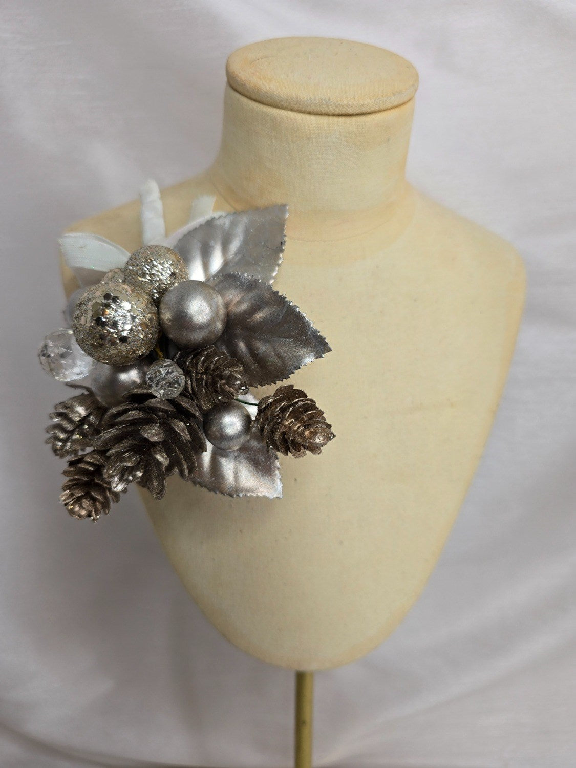 Silver and white leaf and berry Christmas corsage