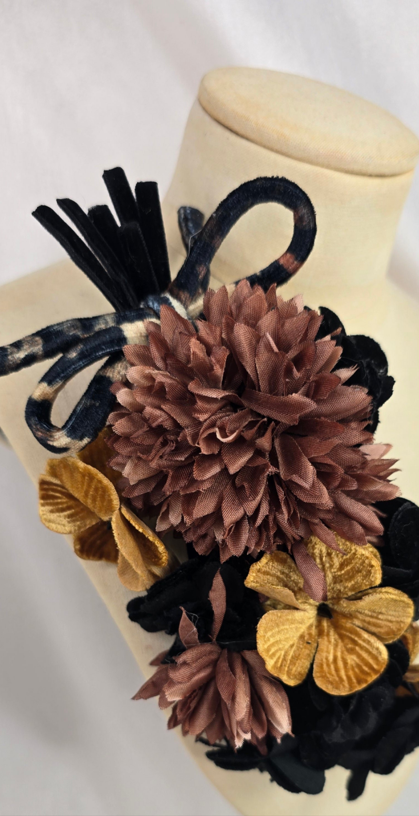 Black and leopard stretch velvet turban with  corsage