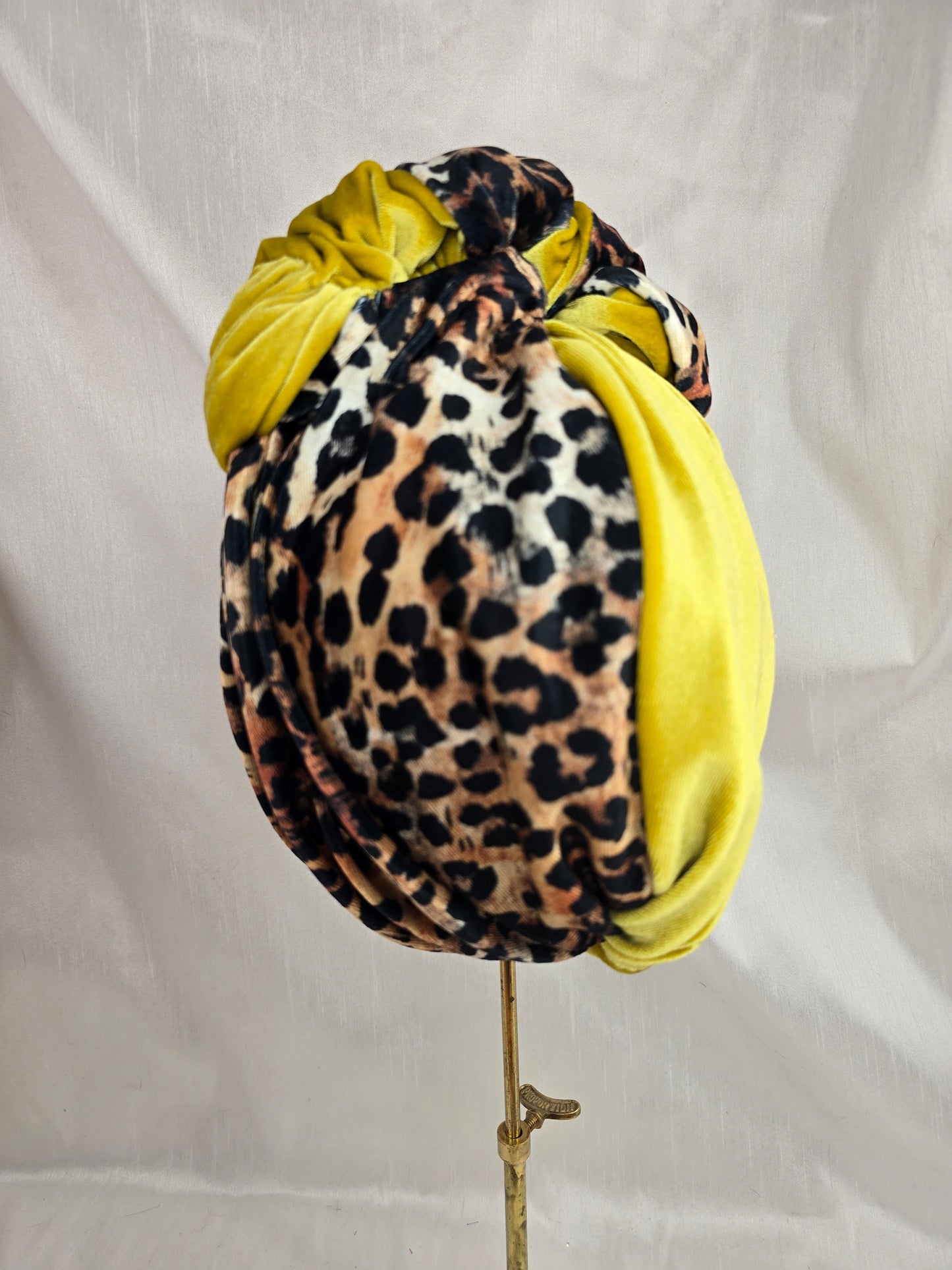 Chartruese yellow and leopard stretch velvet turban with corsage