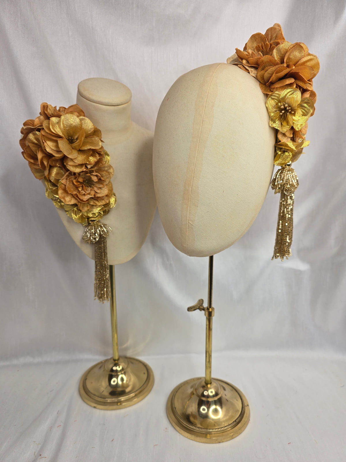Medium autumn gold flower headpiece/corsage with beaded tassel