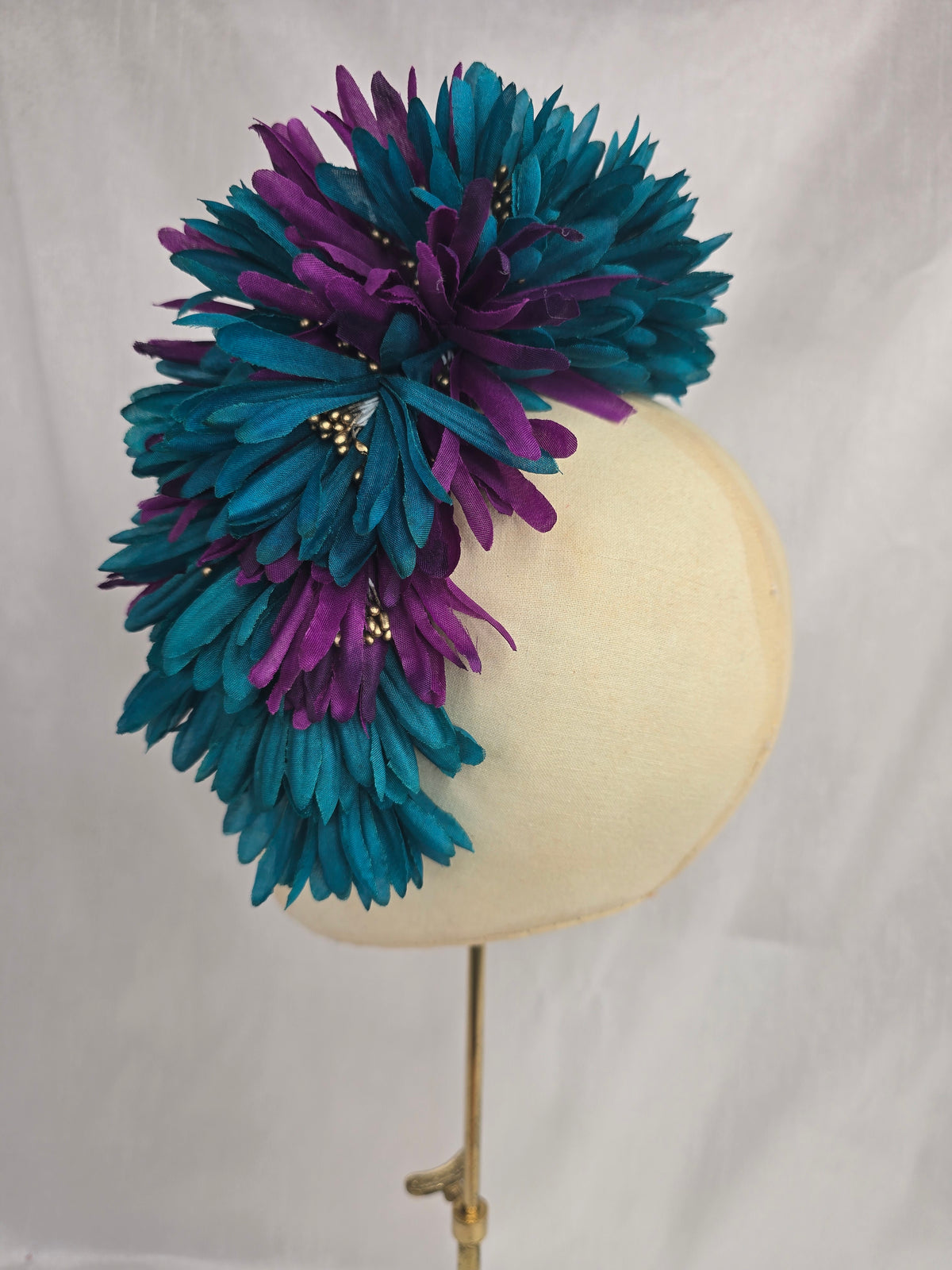 Teal, purple and gold large hair flower