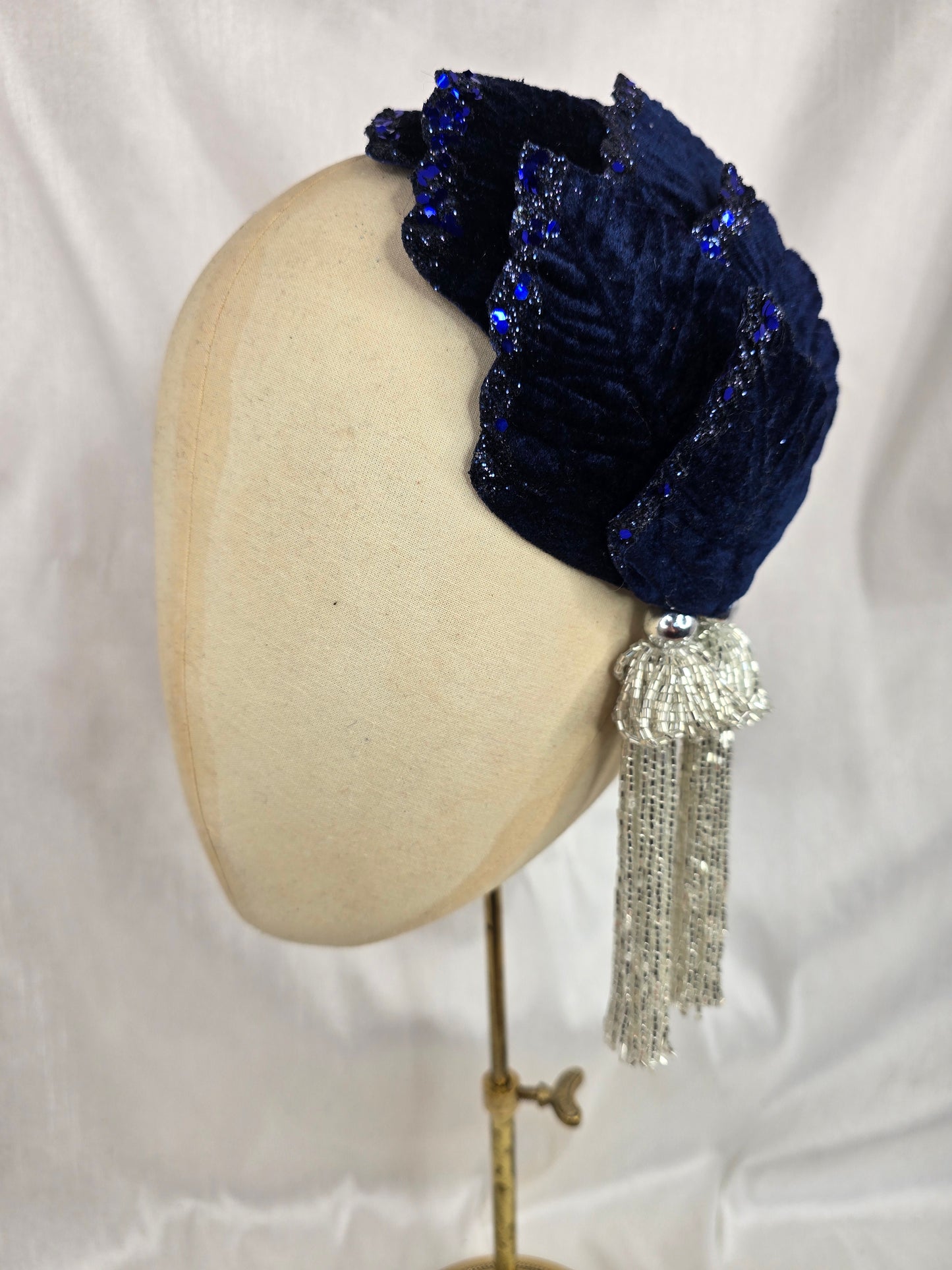 Navy glittered half hat/fascinator with silver beaded tassels (made to order)