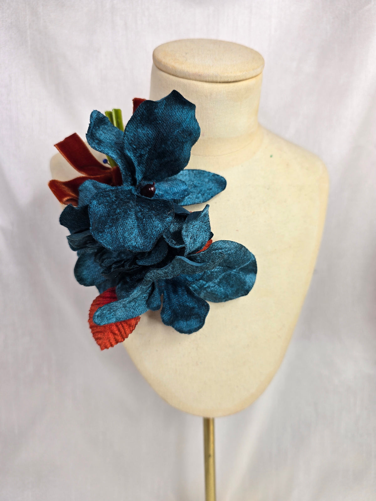 Teal velvet orchid hair flower and corsage set
