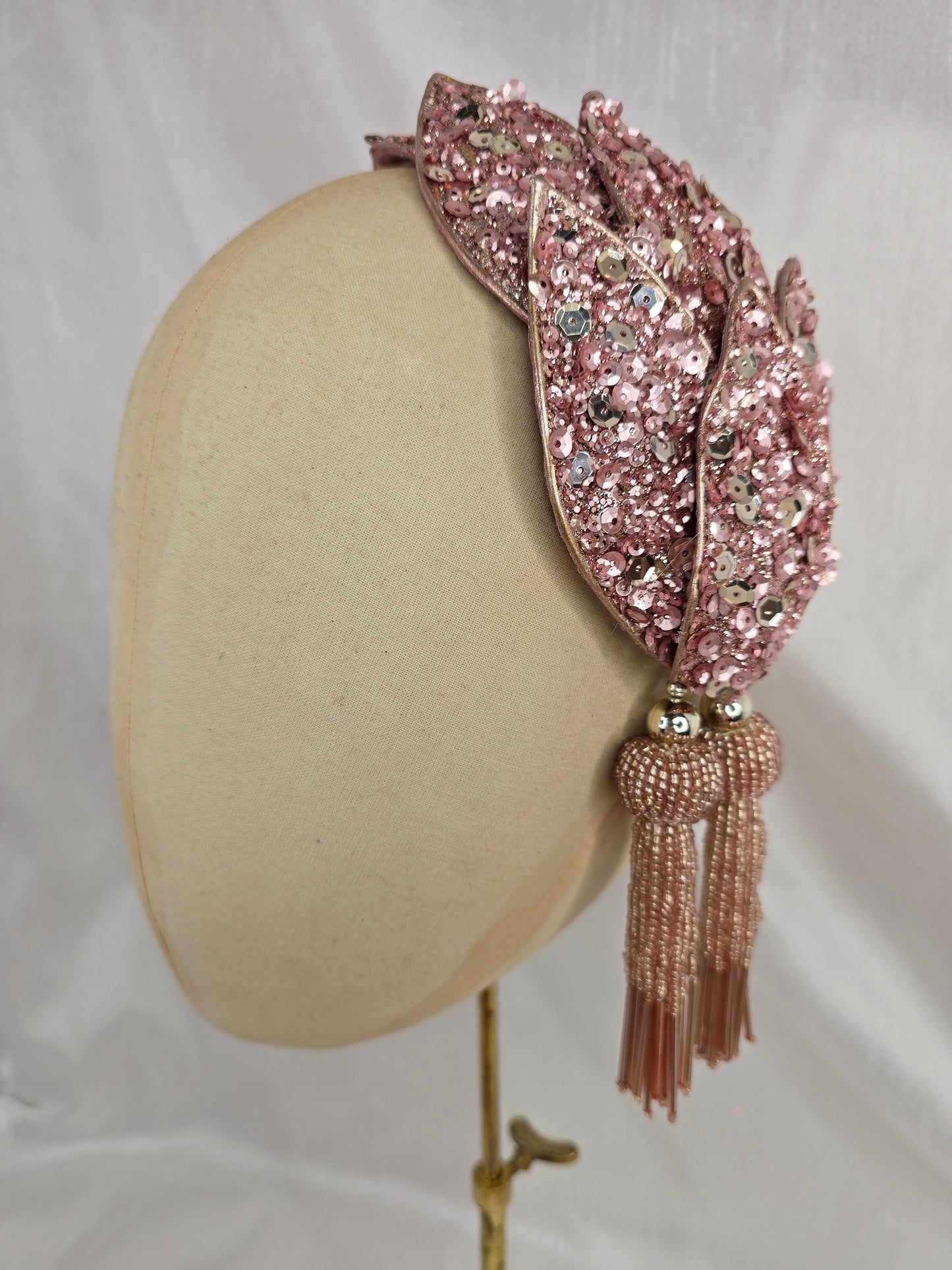 Pale pink sequin half hat/fascinator with beaded tassels (made to order)