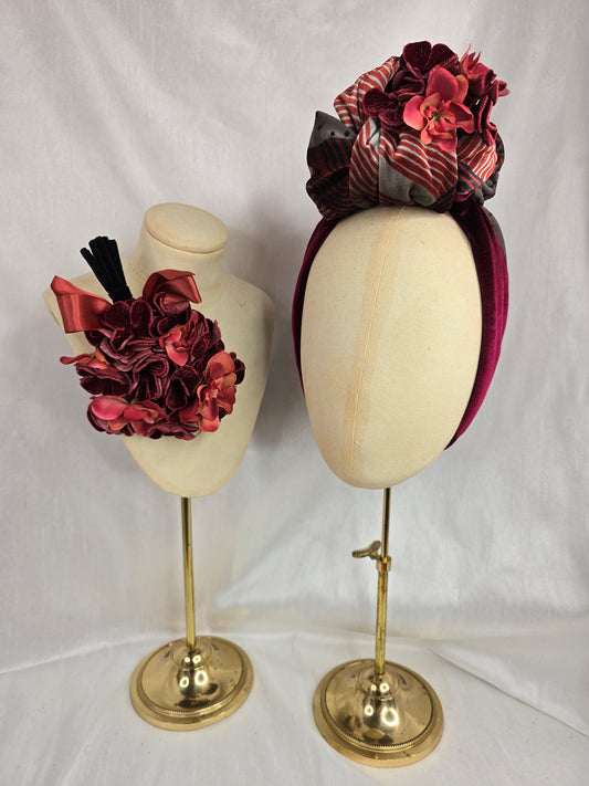 Deco print and maroon stretch velvet turban with flowers