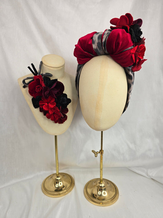 Red and leopard stretch velvet turban with  corsage