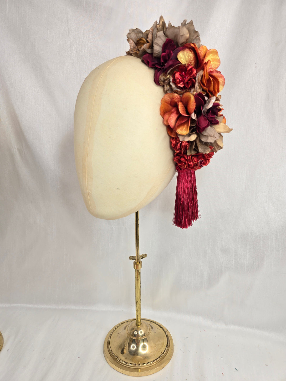 XL mocha, orange and red autumn flower headpiece with red silky tassels