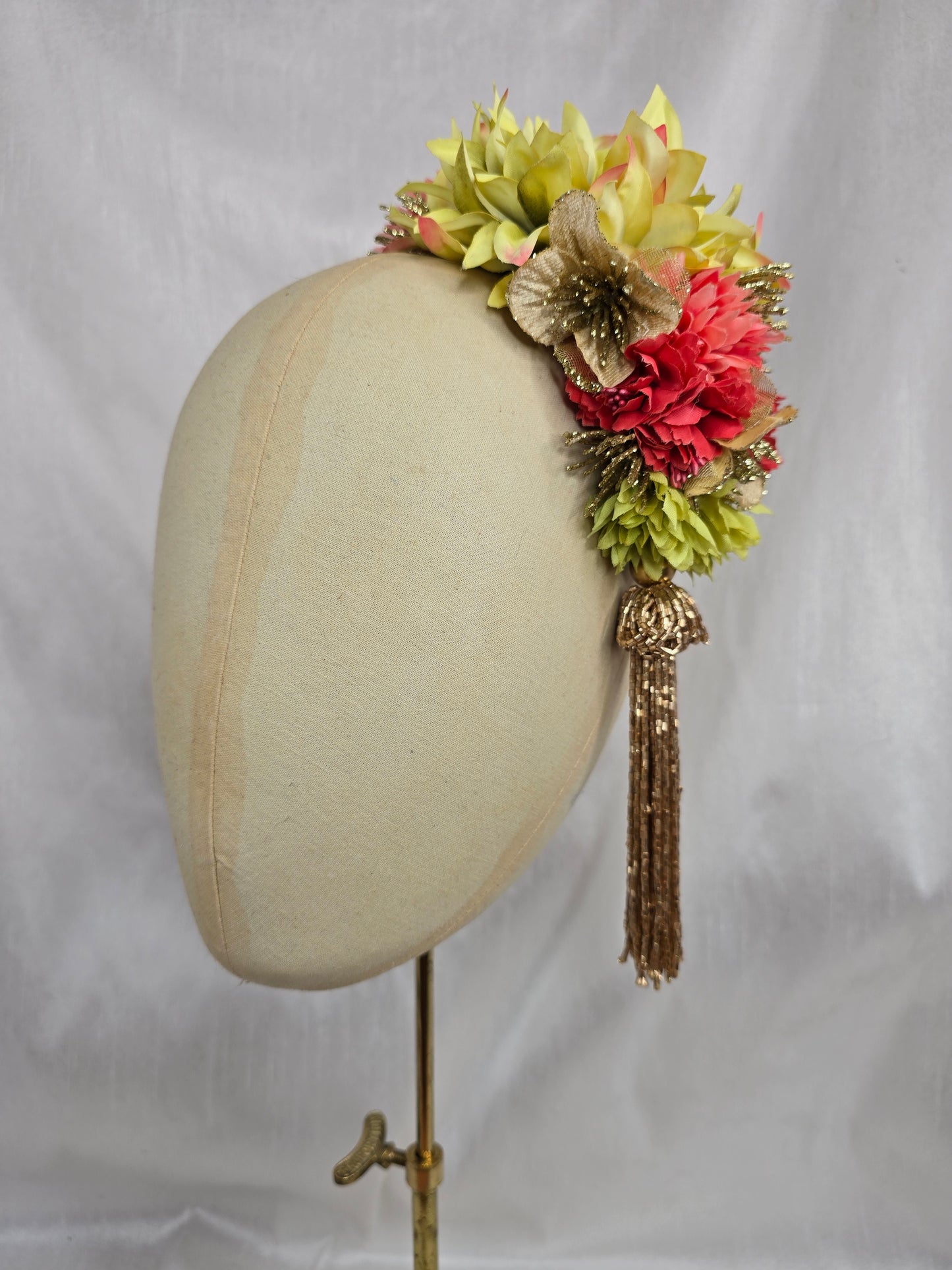Large gold/coral/chartruese hair flower with beaded tassel