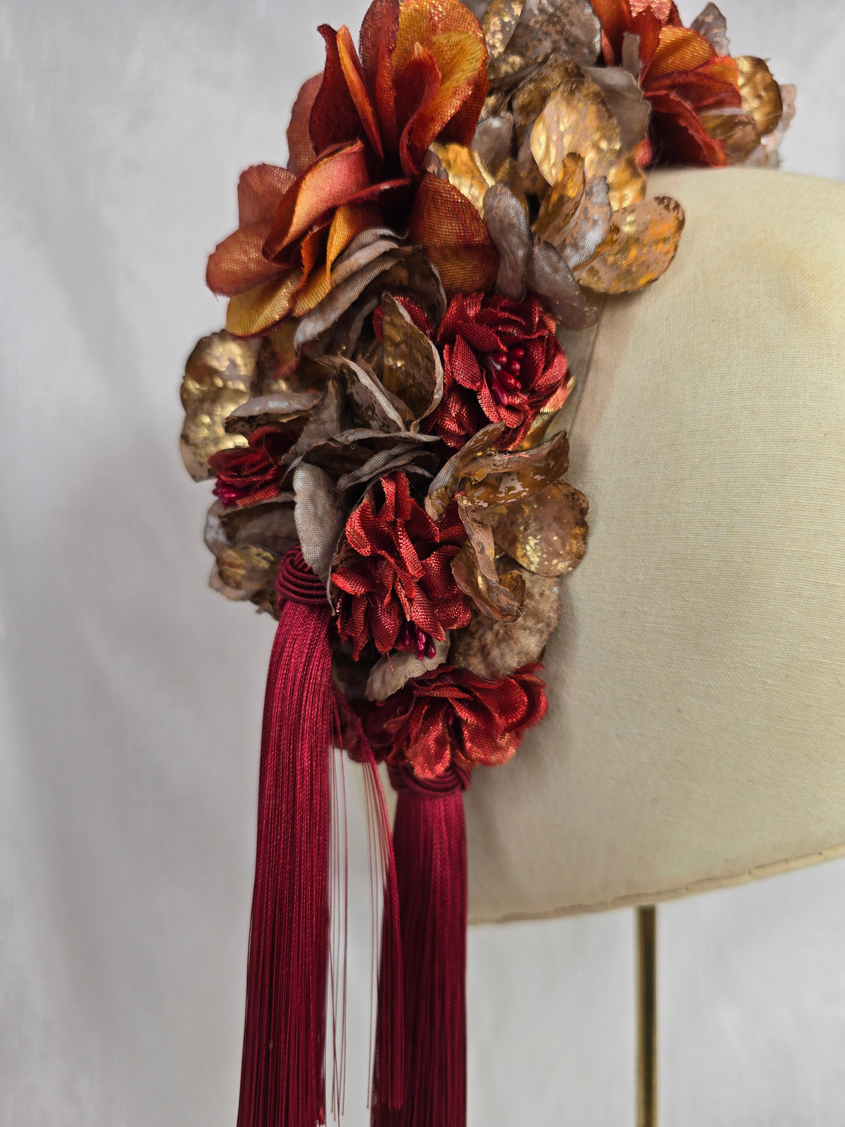 XL mocha, orange and red autumn flower headpiece with red silky tassels