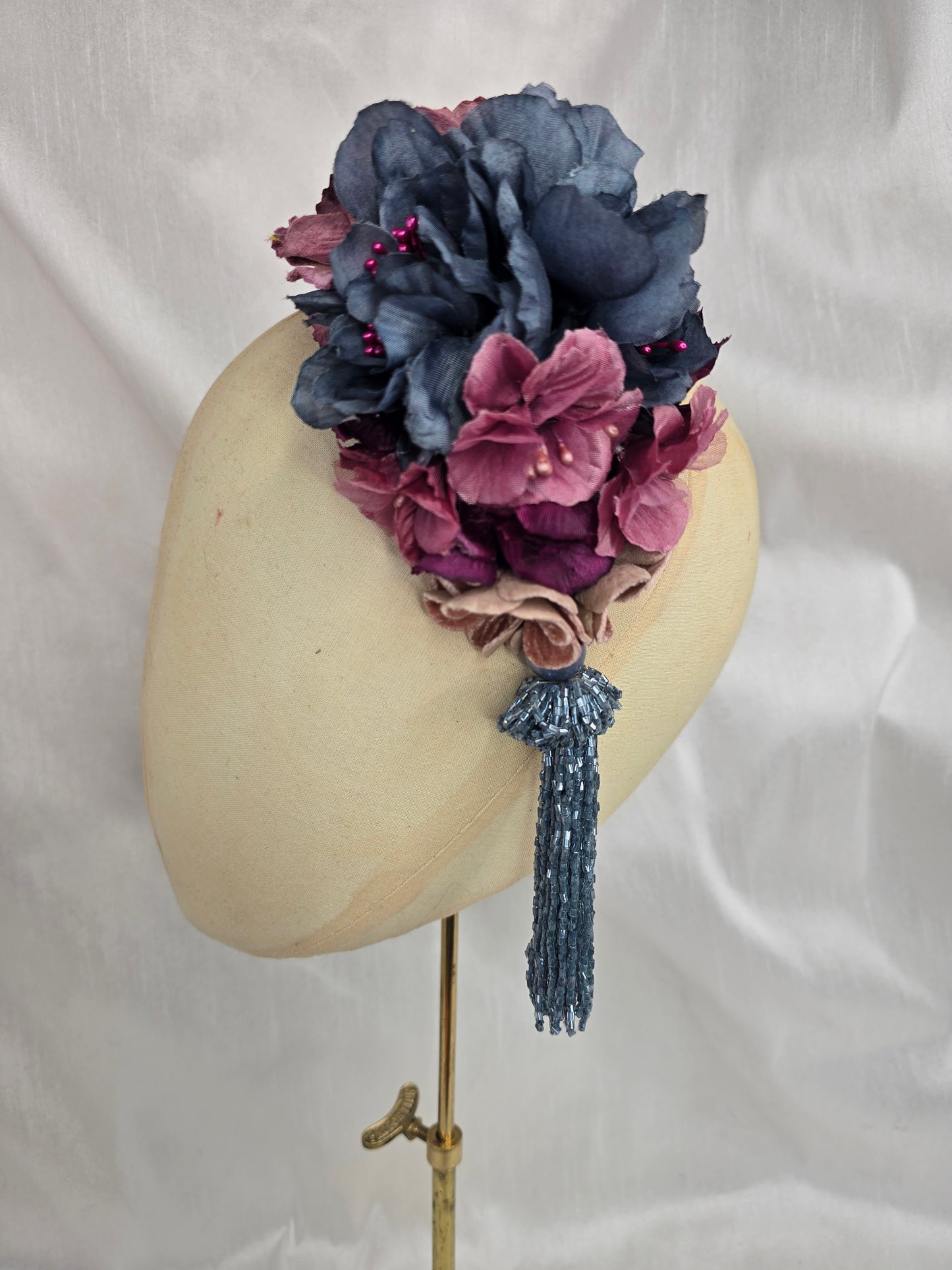Medium purple and blue flower headpiece with beaded tassel