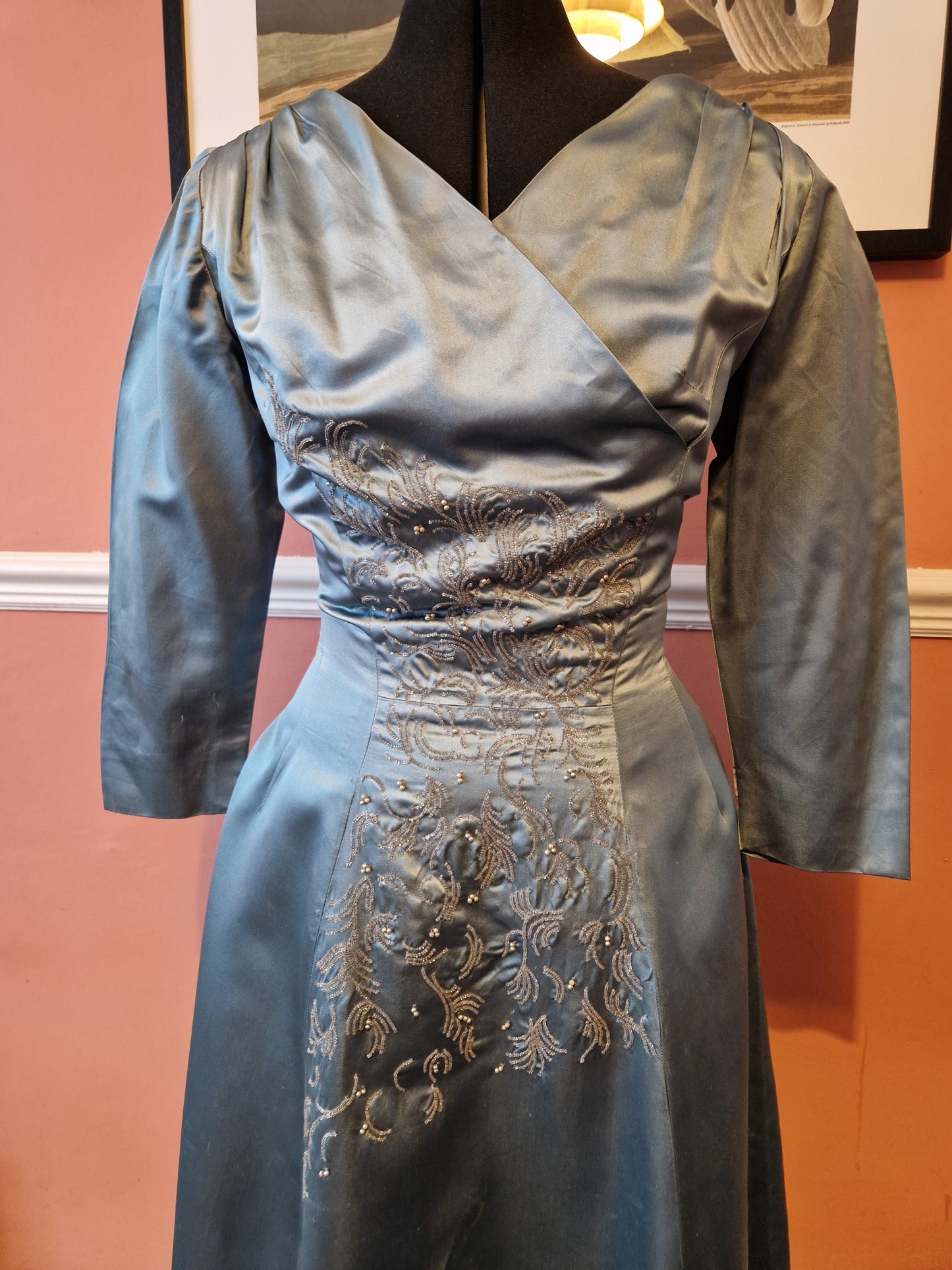 1950s duck egg blue satin beaded full skirt dress size 10