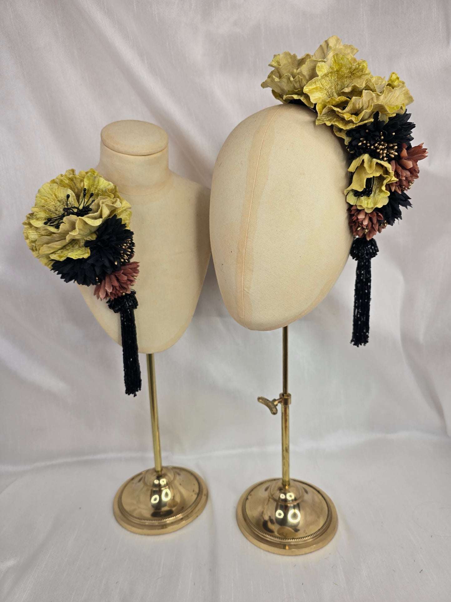 Medium chartruese yellow, black and gold flower headpiece with black beaded tassel