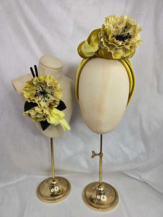 Chartreuse stretch velvet turban with flowers