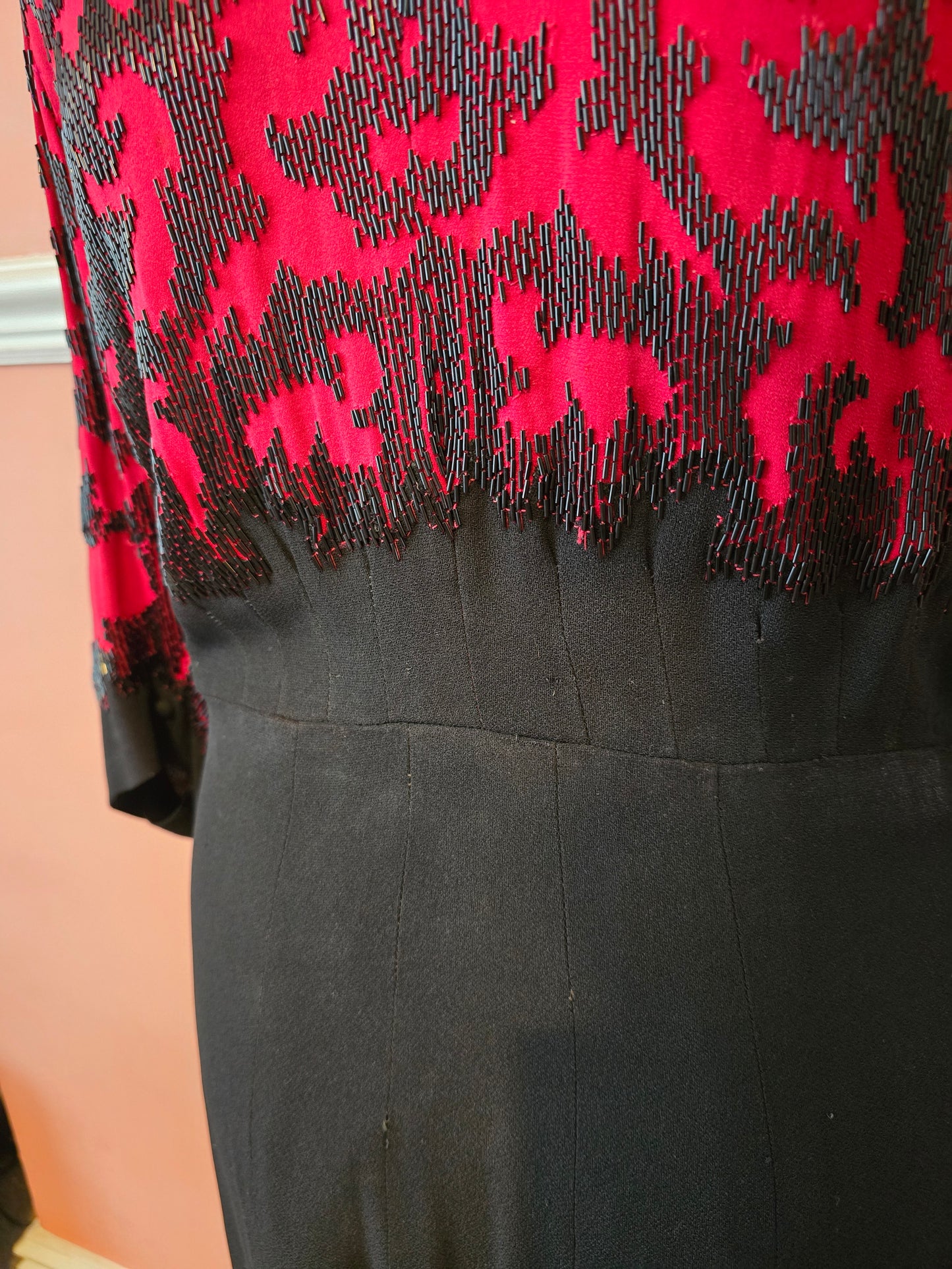 1940s crepe colour block red and black beaded dress
