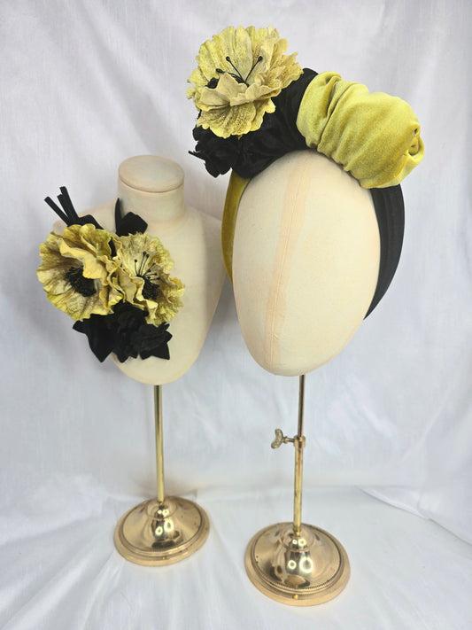 Black and chartreuse stretch velvet turban with flowers