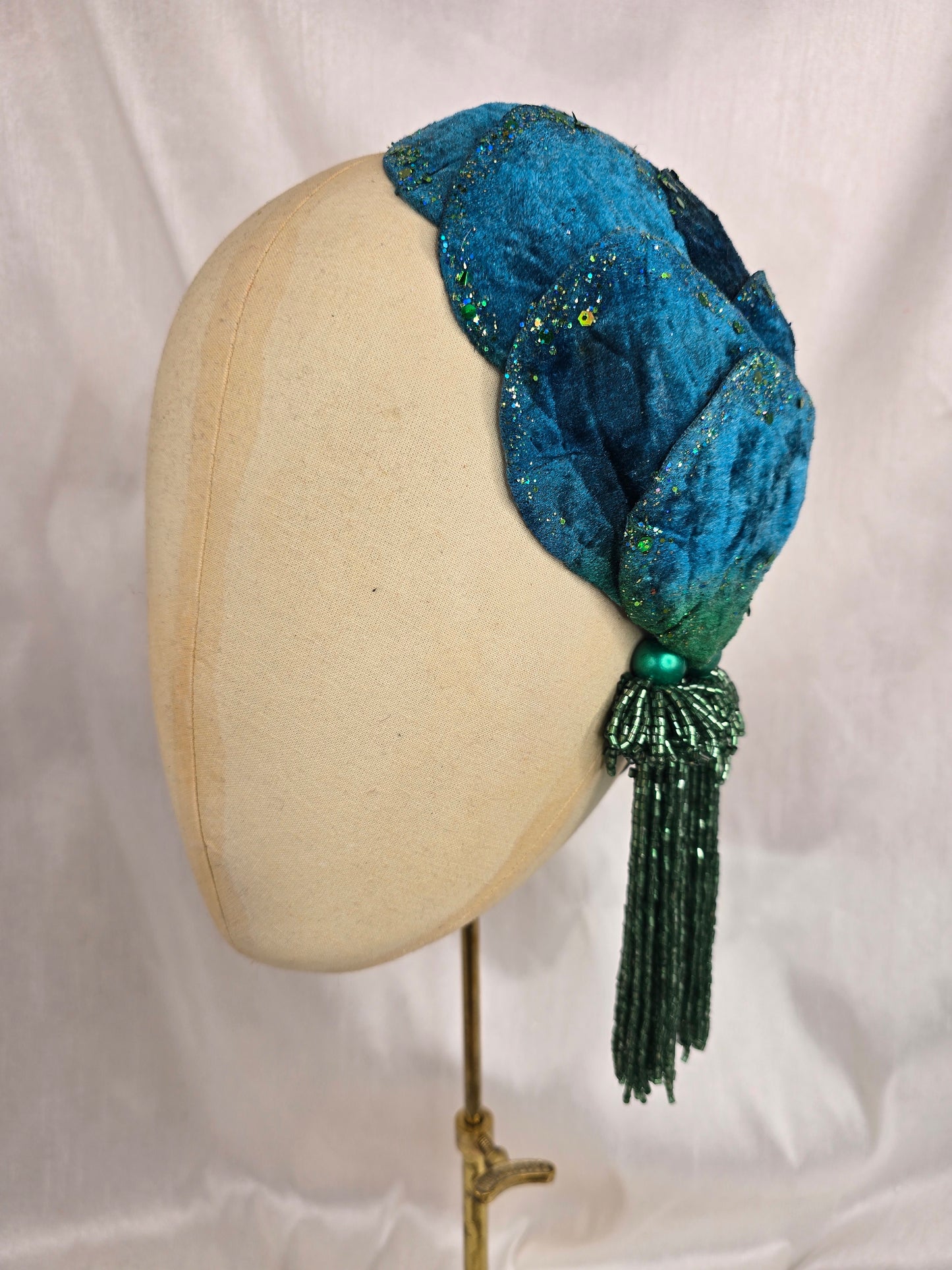 Teal and green half hat/fascinator with beaded tassels (made to order)